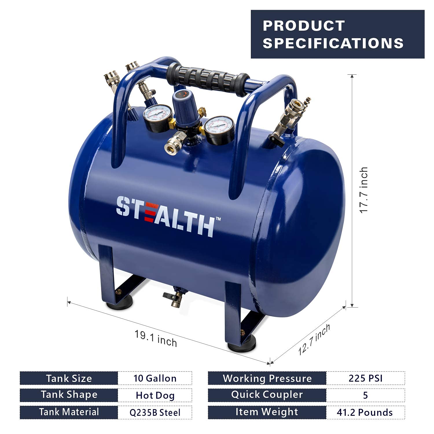 Stealth Air Tank, High Pressure 10 Gallon Air Tank With Maximum 225Psi Pressure, Rubber Reinforced Handle Design (Blue, Saa 110T