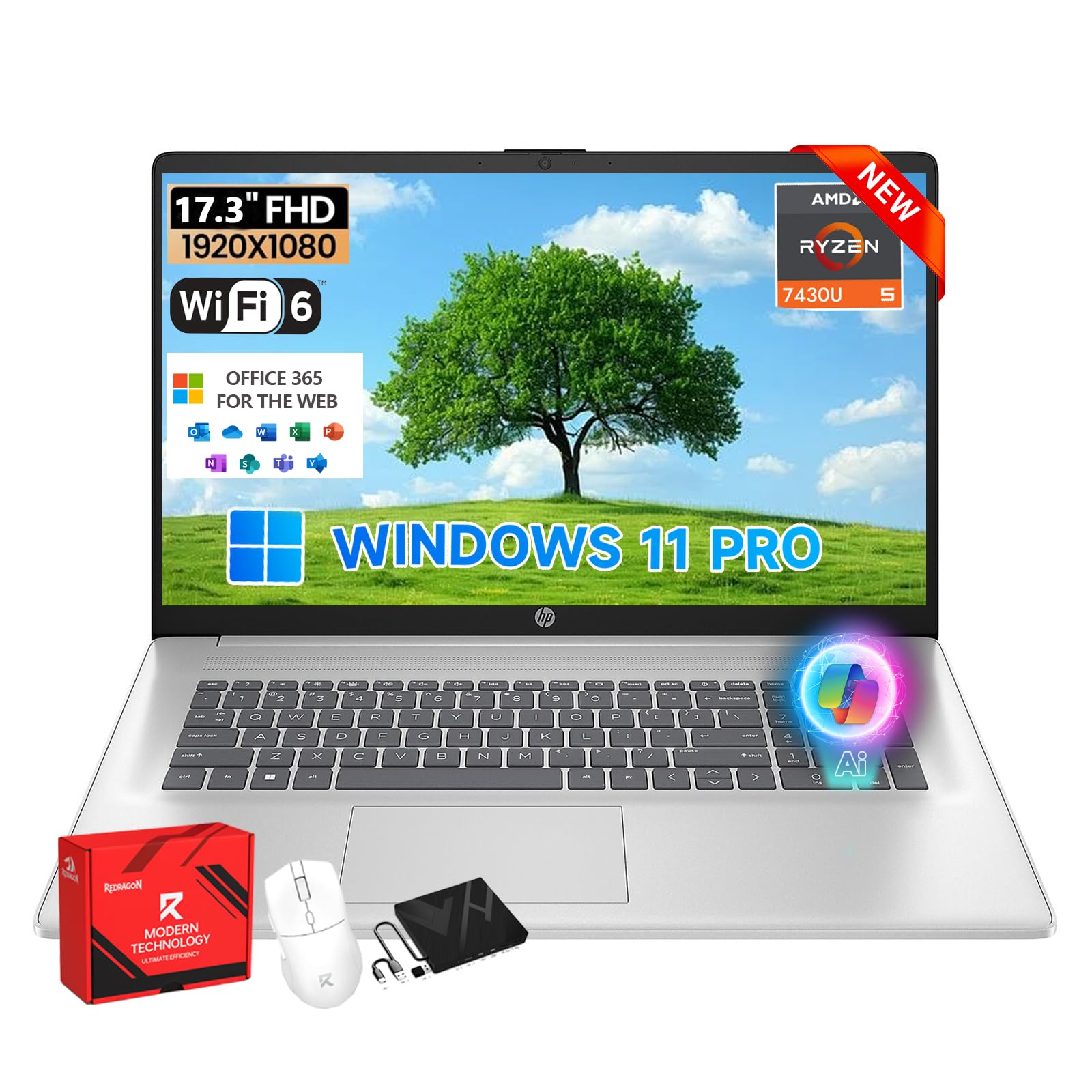 HP 17 inch FHD Student Business Laptop, 64GB RAM 2TB SSD, AMD Ryzen 5 7430U, Windows 11 Pro, 17.3 FHD IPS, Copilot AI, Numeric K