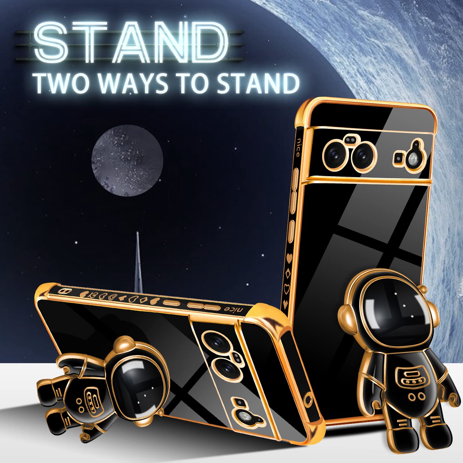 Lotadilo Google Pixel 6 Phone Case Astronaut Stand Gold Plating TPU Black