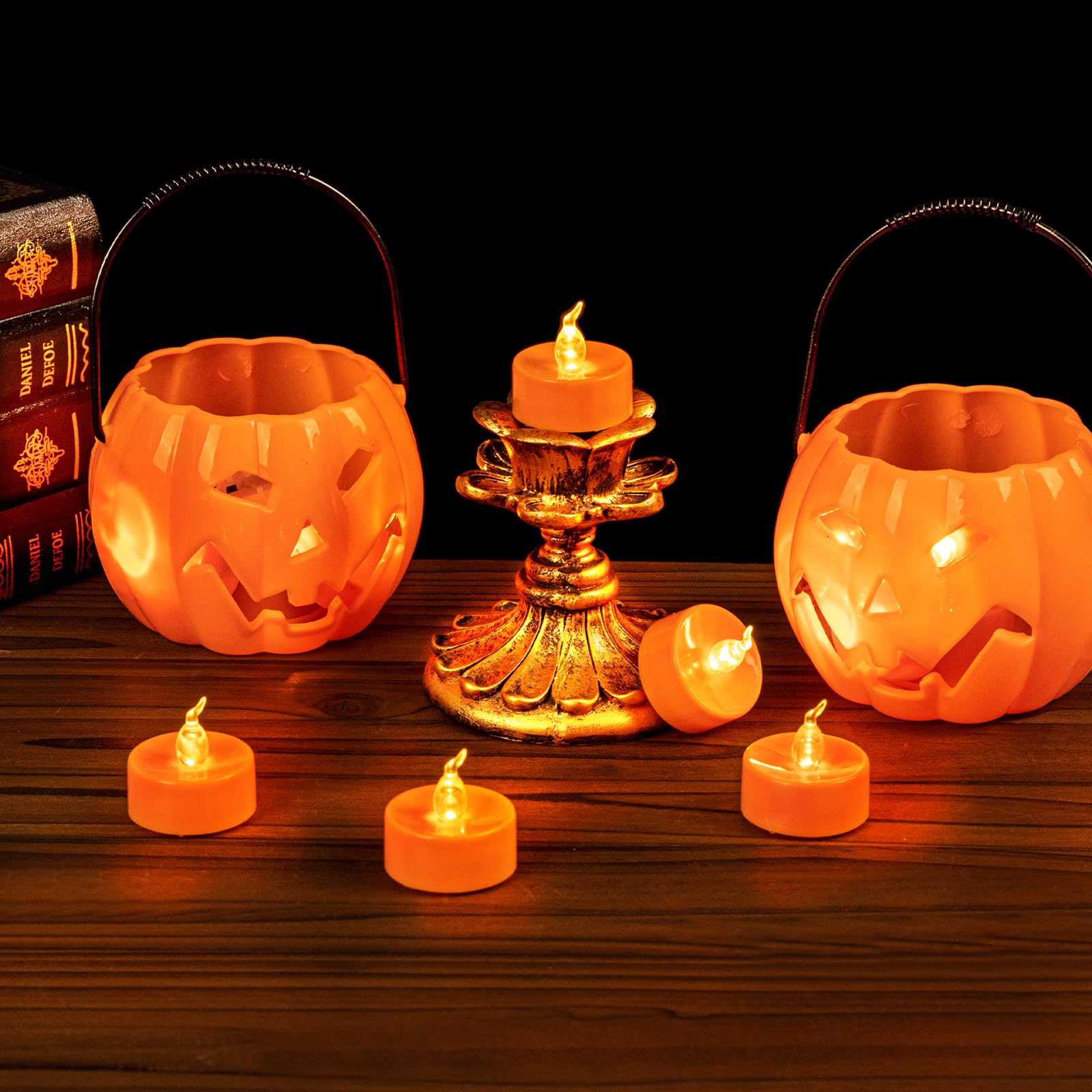 Windshell 24 Pcs Orange Flickering Flame Tea Lights, Battery Operated Led Tealight Candles, Orange Flameless Small Candles For P