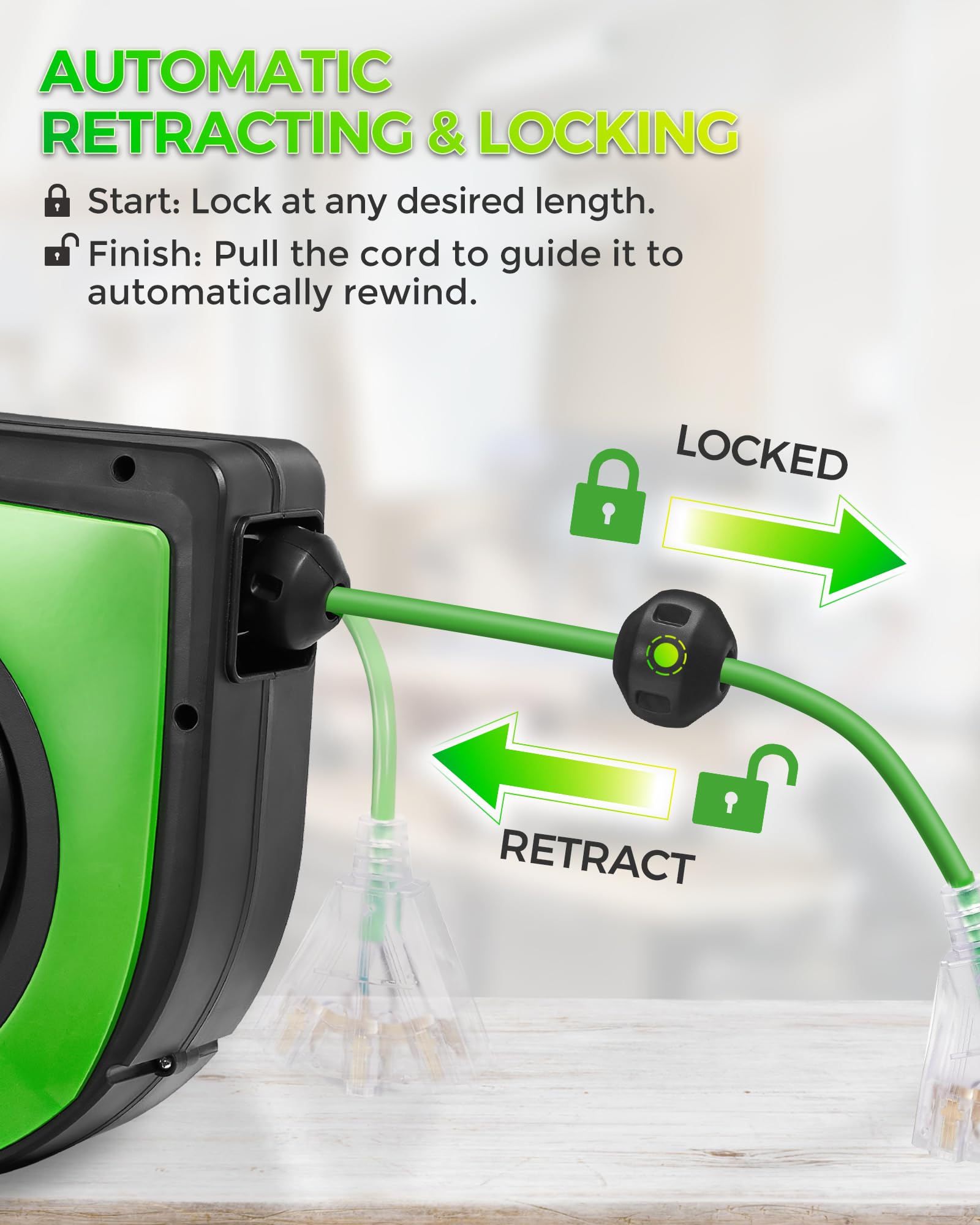 Wilawels Retractable Cord Reel, 75 Ft Heavy Duty Extension Cord, 14Awg/3C Sjtow, 3 Grounded Outlets Lighted Triple Tap, 10A Circ