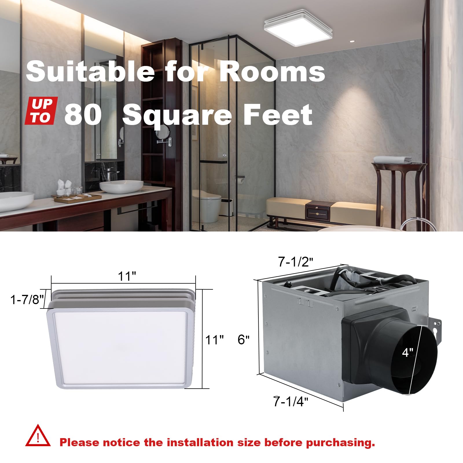 Akicon Bathroom Exhaust Fan With Shower Light, 15W Dimmable 3Cct Led With 3.5W Night Light Vent Fans, 80 Cfm, 2 Sones Bath Fan L