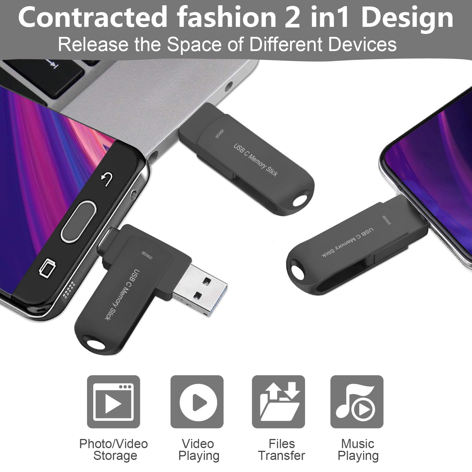 Flash Drive 256Gb For Phone, Hunpins Usb C Thumb Drive 170M/S Hight Speed, Multi Port Memory Stick Compatible Android Phone/Tabl