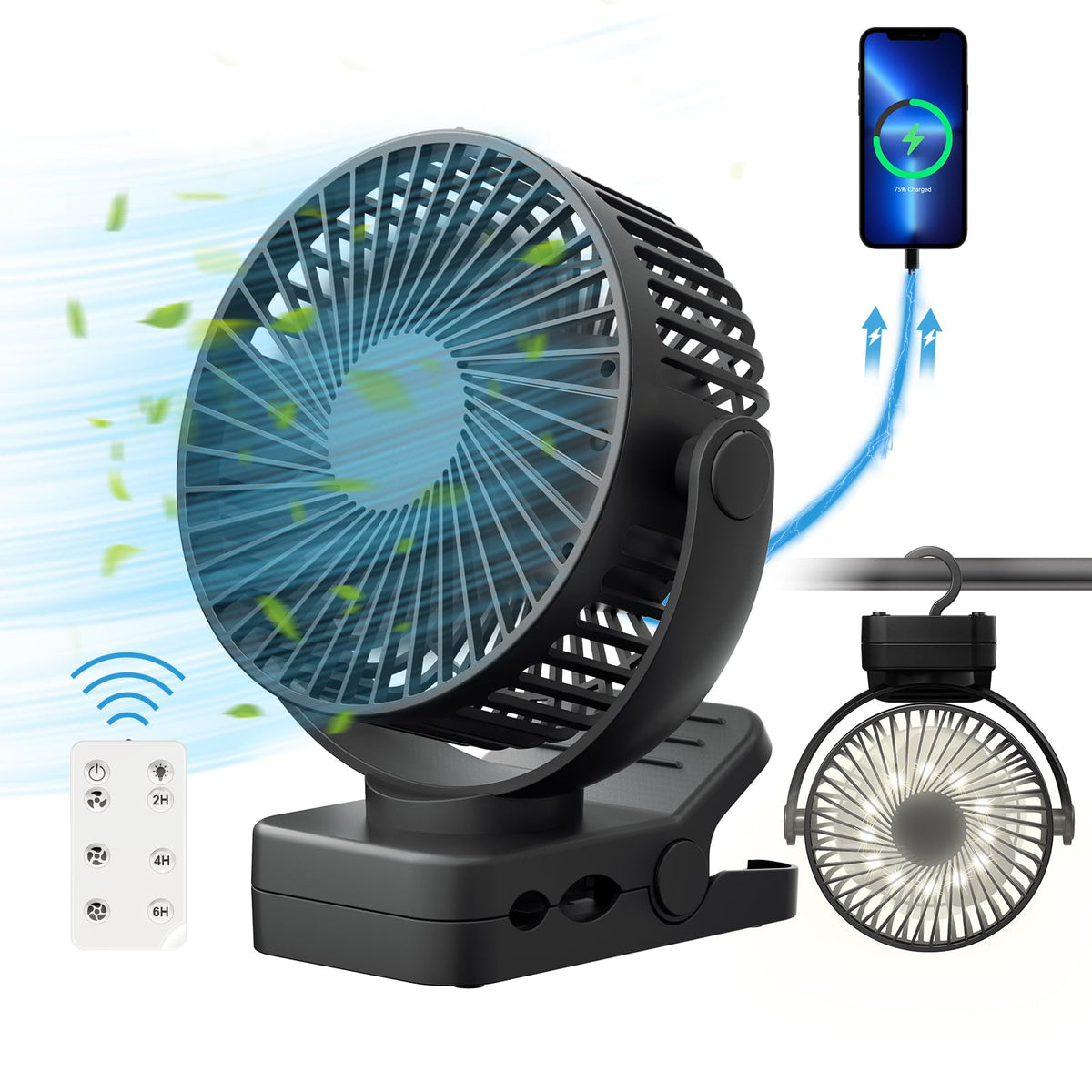 Portable Fan With Remote Control & Timer & Led Lights, 60Hrs 12000Mah Usb Rechargeable Battery Fan Could Clamp/Hanging/Stand Up,