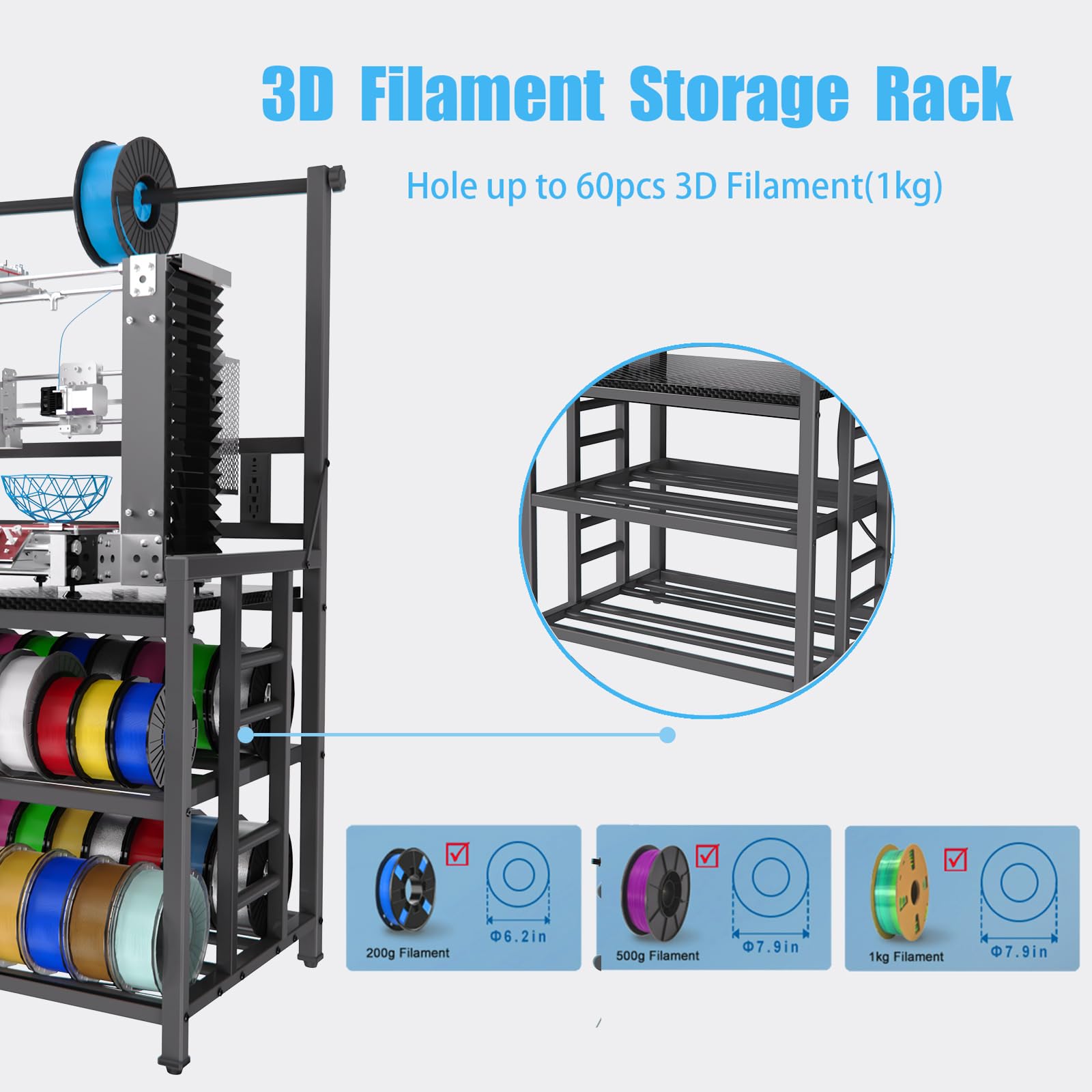 Milefa Reinforced 3D Printer Stand Heavy-Duty 3D Printer Filament Storage Stand, Rolling Stable Spool Organizer Rack For Pla/Abs