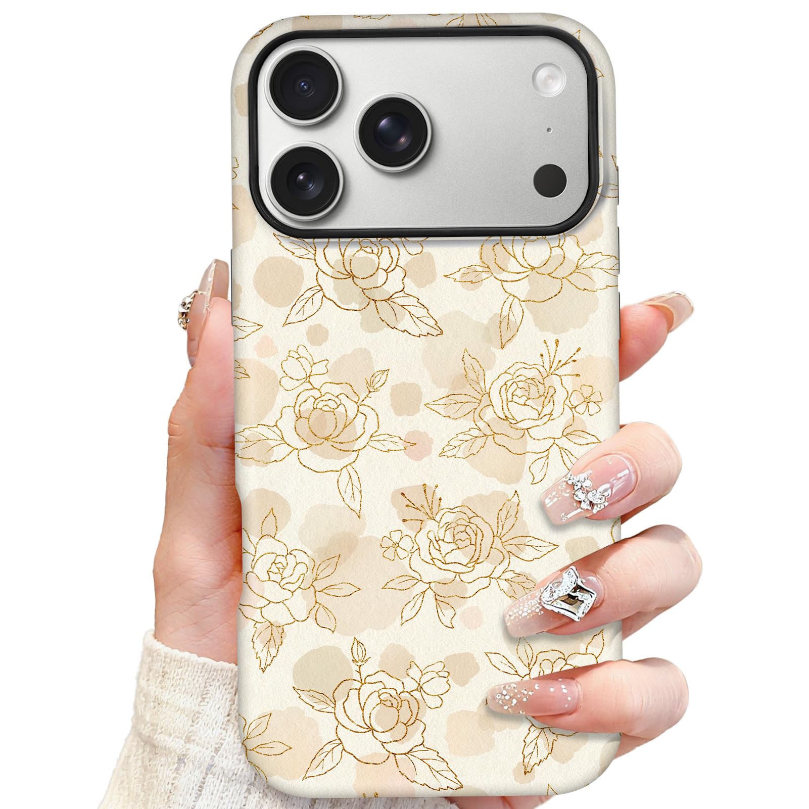 SOKAD Magnetic Floral Phone Case for iPhone 17 Pro, Cute Gold Rose Flower Pattern Compatible with Magsafe Matte Protective Case 