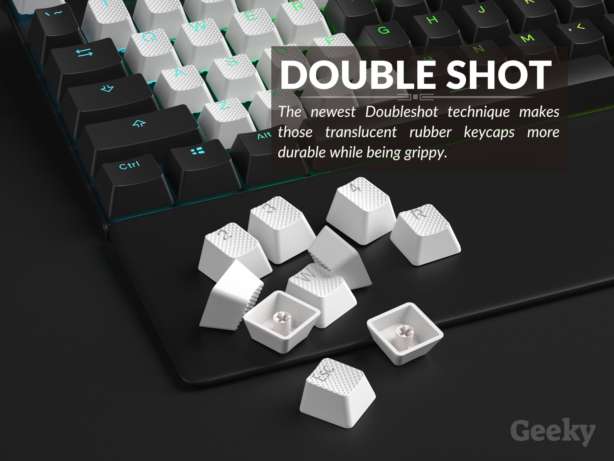 Geeky Rubberized Keycap Set | Double Shot Translucent | Abs + Tpr | Oem Profile For Mechanical Gaming Keyboard (White, 23 Keys)