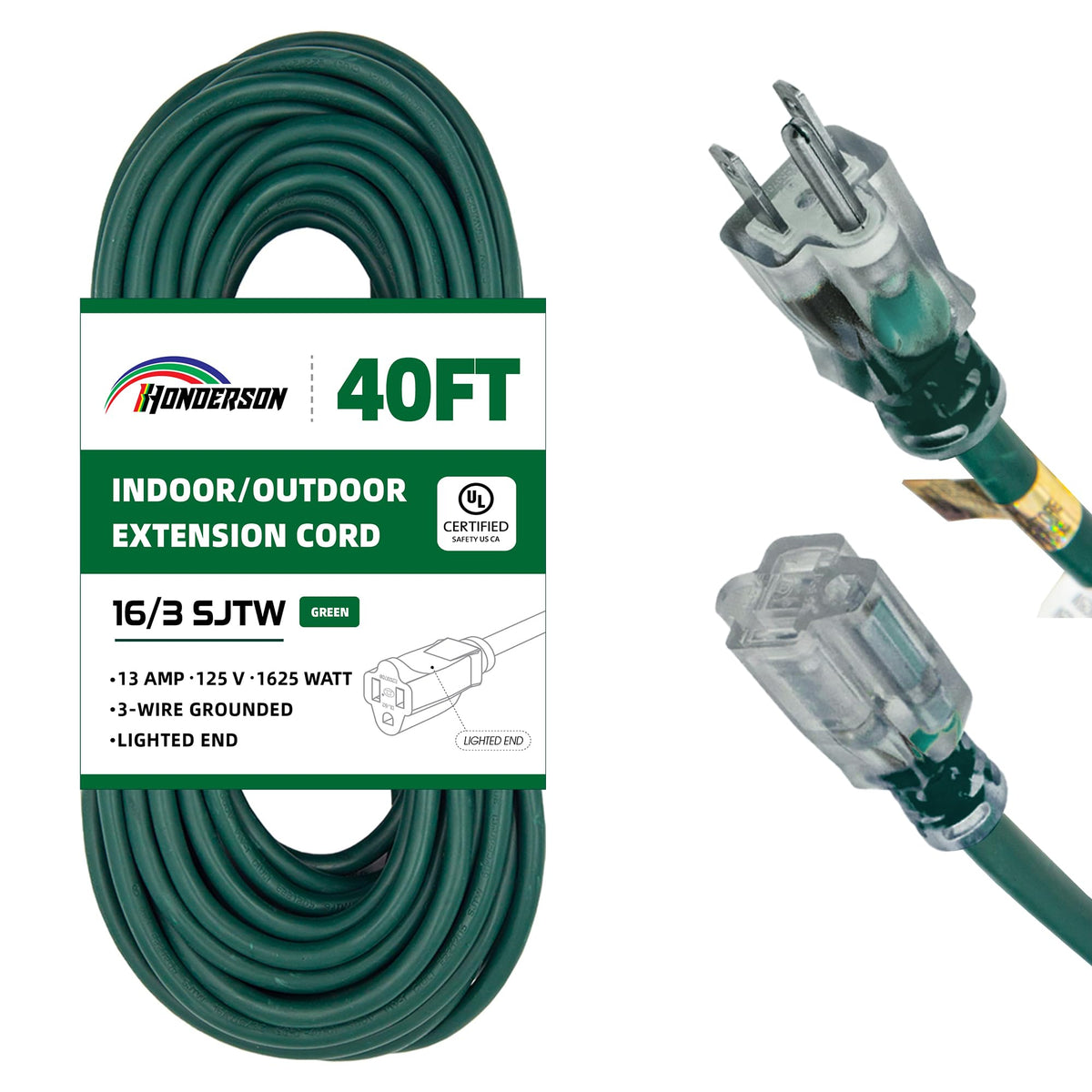 Honderson 40Ft 16/3 Christmas Lighted Outdoor Extension Cord   16 Gauge 3 Prong Sjtw Green Extension Cable With 3 Prong Grounded