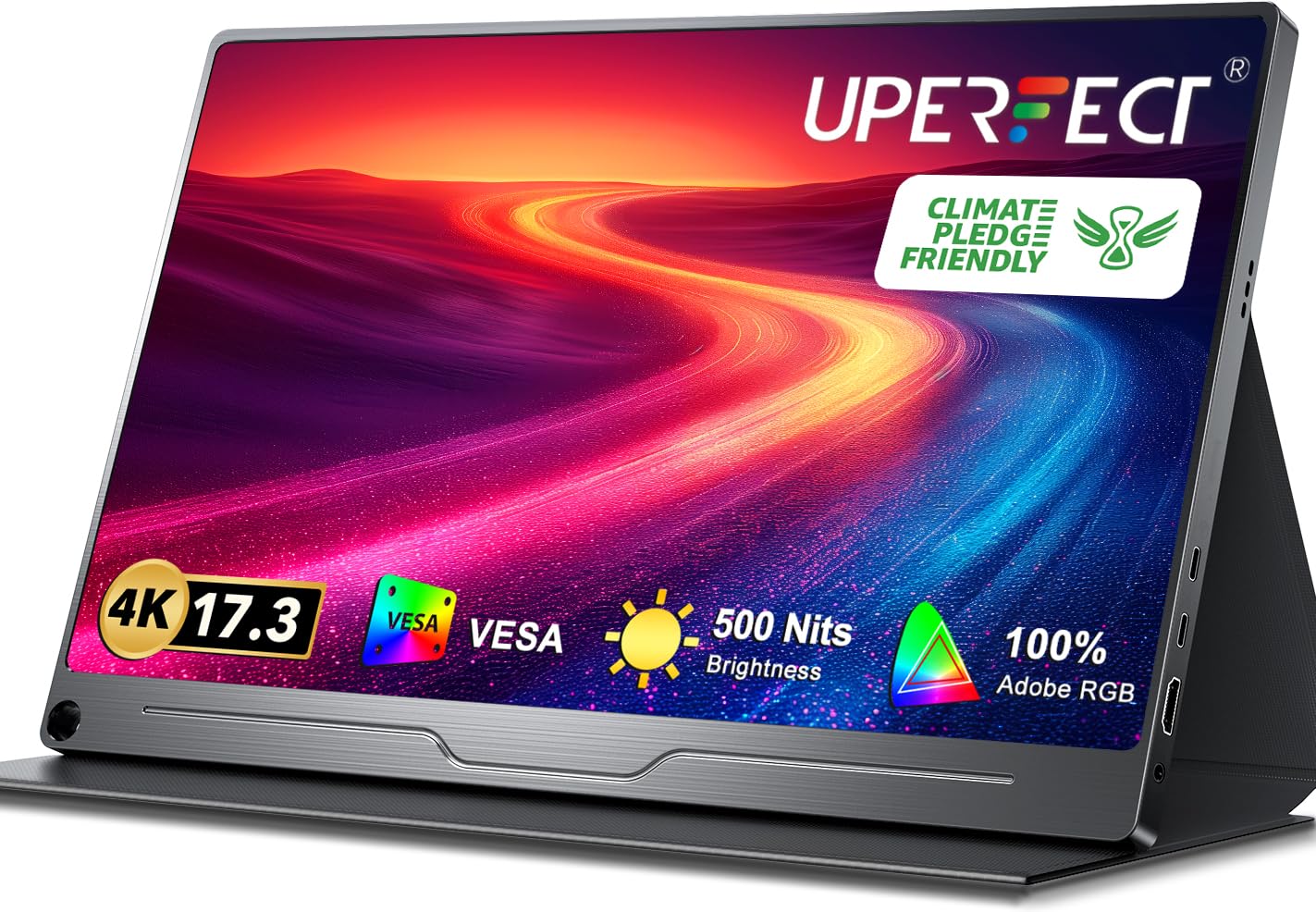 Uperfect 17.3'' 4K Portable Monitor, 500 Nits 100% Adobergb Uhd Freesync Hdr Ips 2 Speakers Eye Care Travel Monitor, 2 Fully Fun