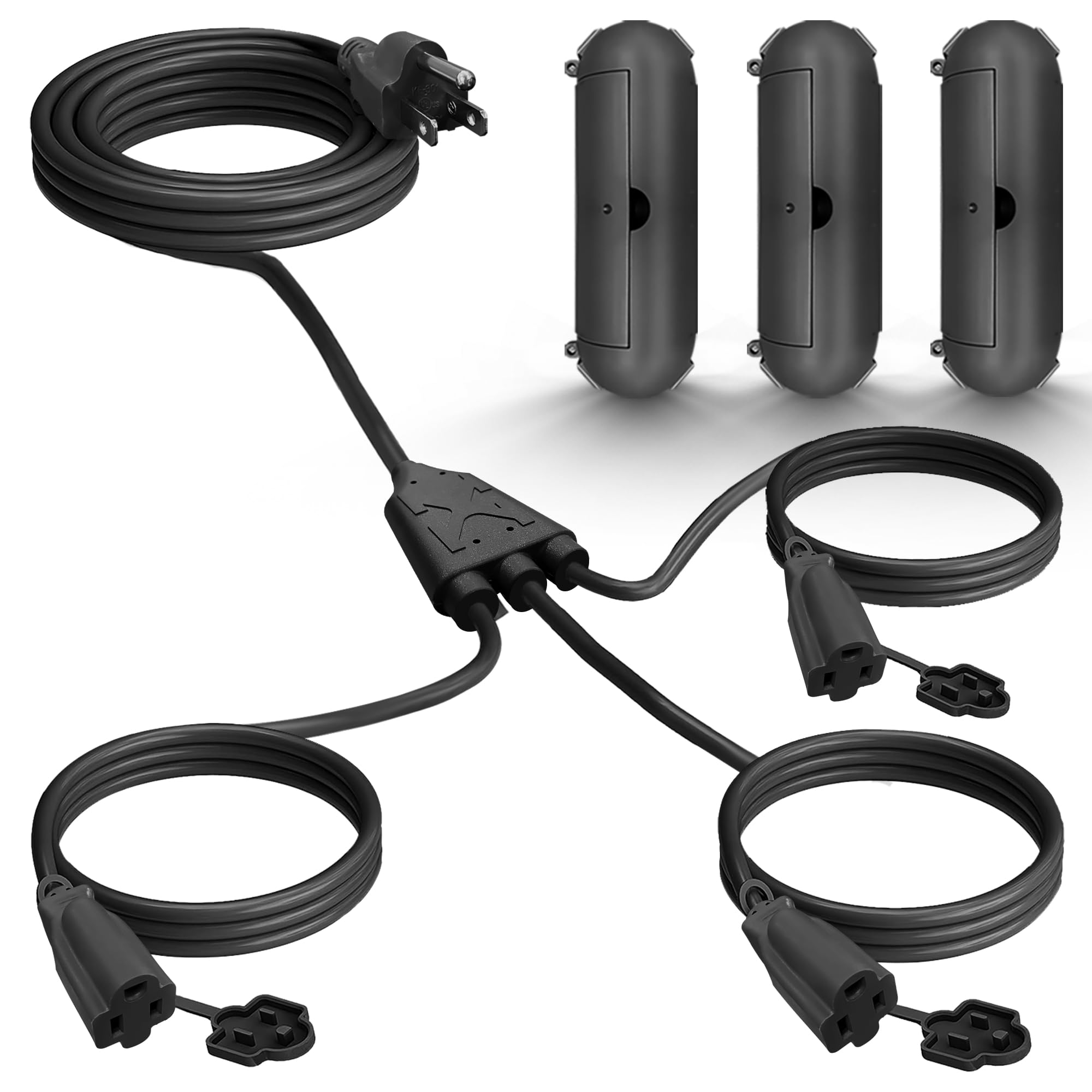 Banord Extension Cord 1 To 3 Splitter, Max 13Ft End To End (25Ft Total), With 3 Weatherproof Covers For Indoor And Outdoor, 16/3