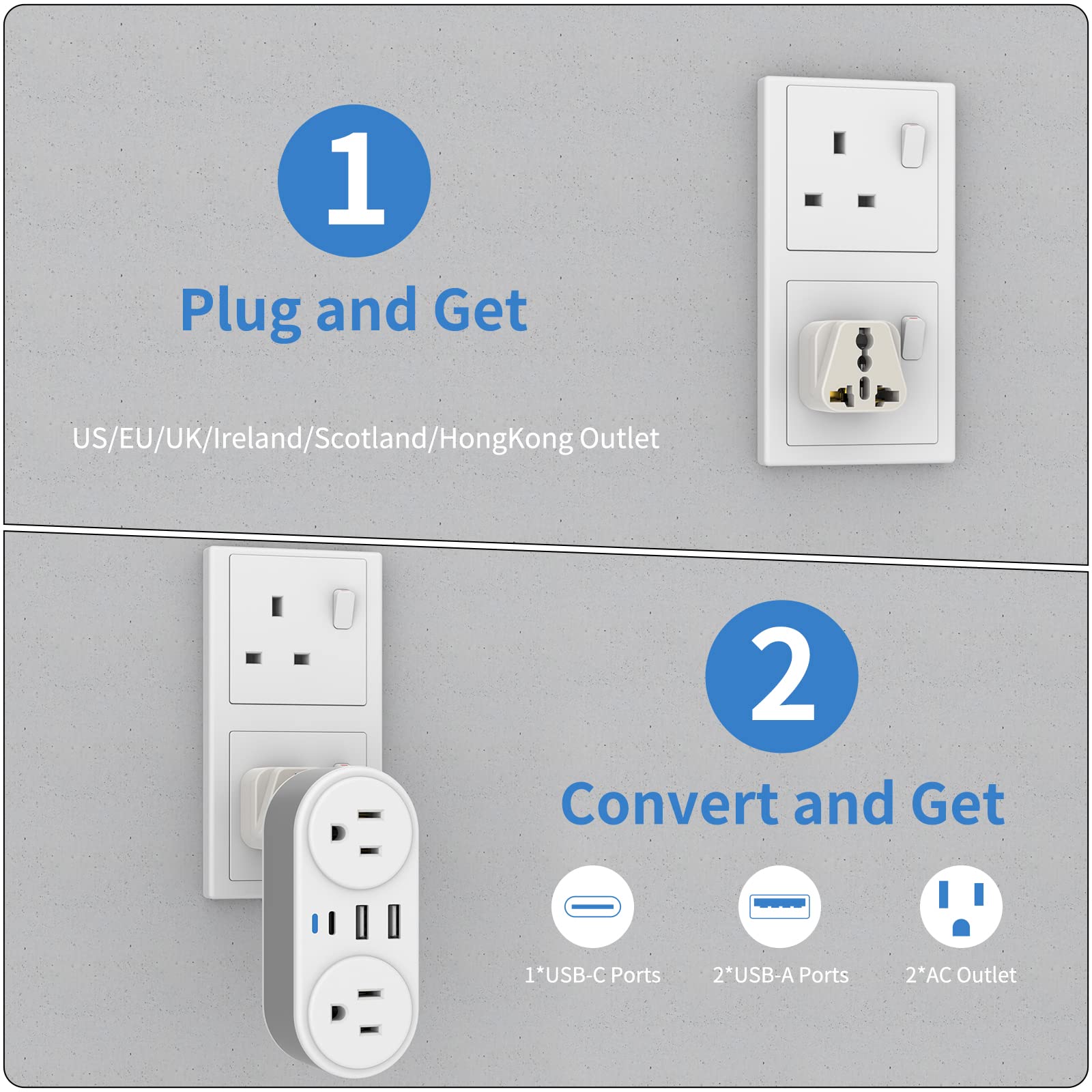 European Travel Plug Adapter For Europe & Uk, Chuafiur International Power Plug With 2 Ac Outlet And 3 Usb Ports, Type C Adapter