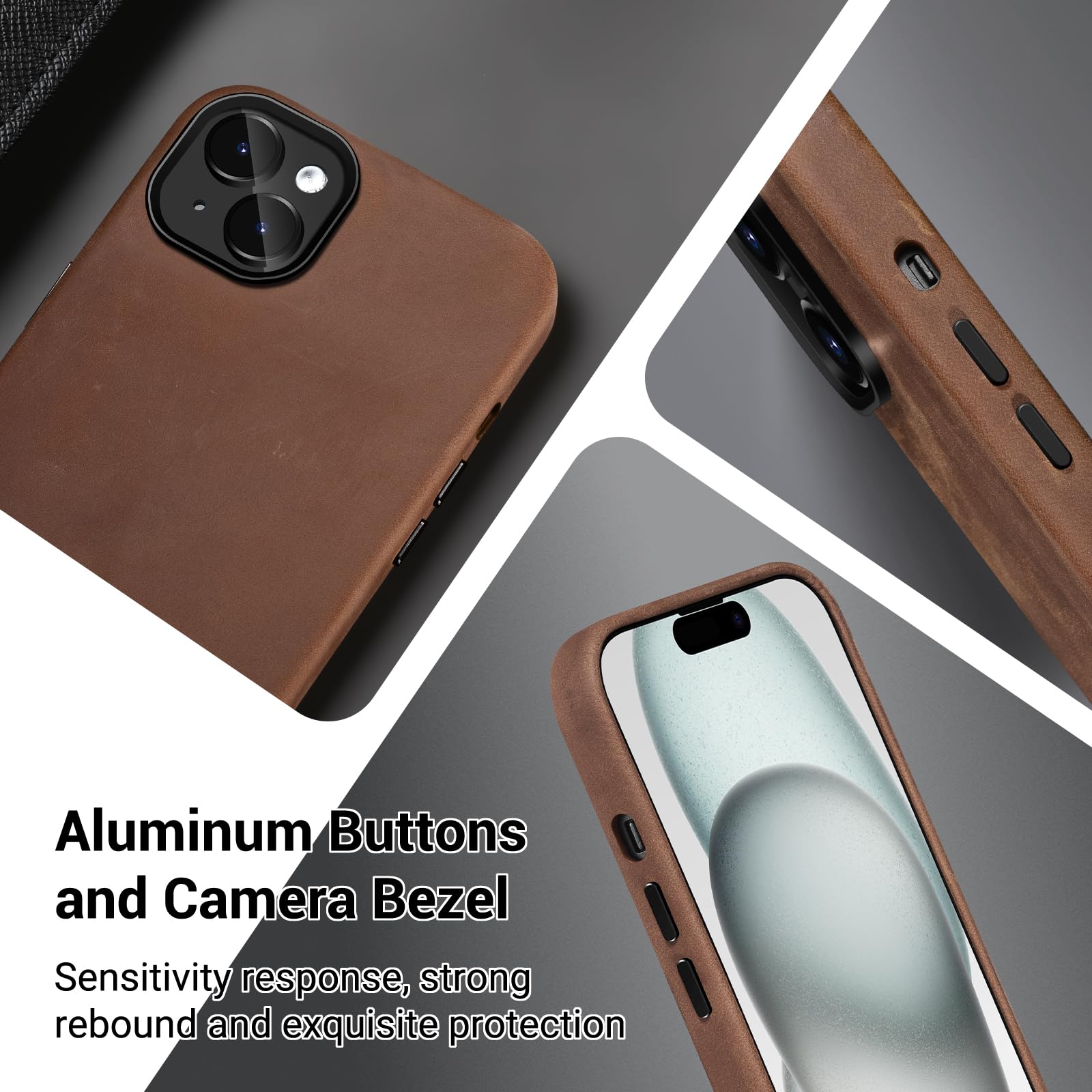 Belemay Compatible With Iphone 14 Leather Case Magsafe   Top Grain Vintage Crazy Horse Leather   Metal Buttons & Camera Bezel Bu