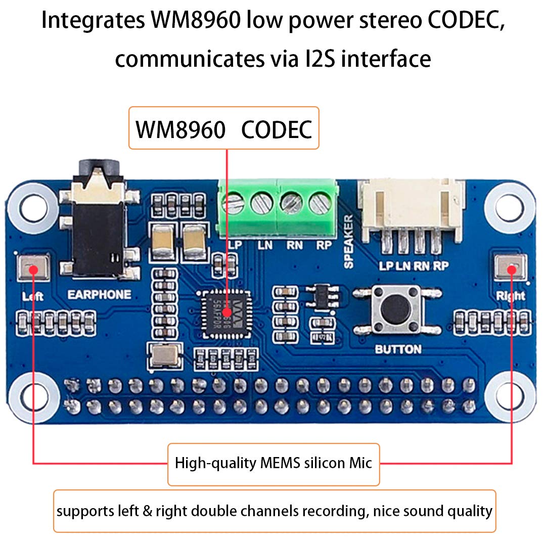 Wm8960 Audio Hat Module For Raspberry Pi 4B/3B+/3B/2B/B+/A+/Zero/Zero W/Pi Zero Wh,Wm8960 Hi Fi Sound Card Hat Stereo Codec, Pla