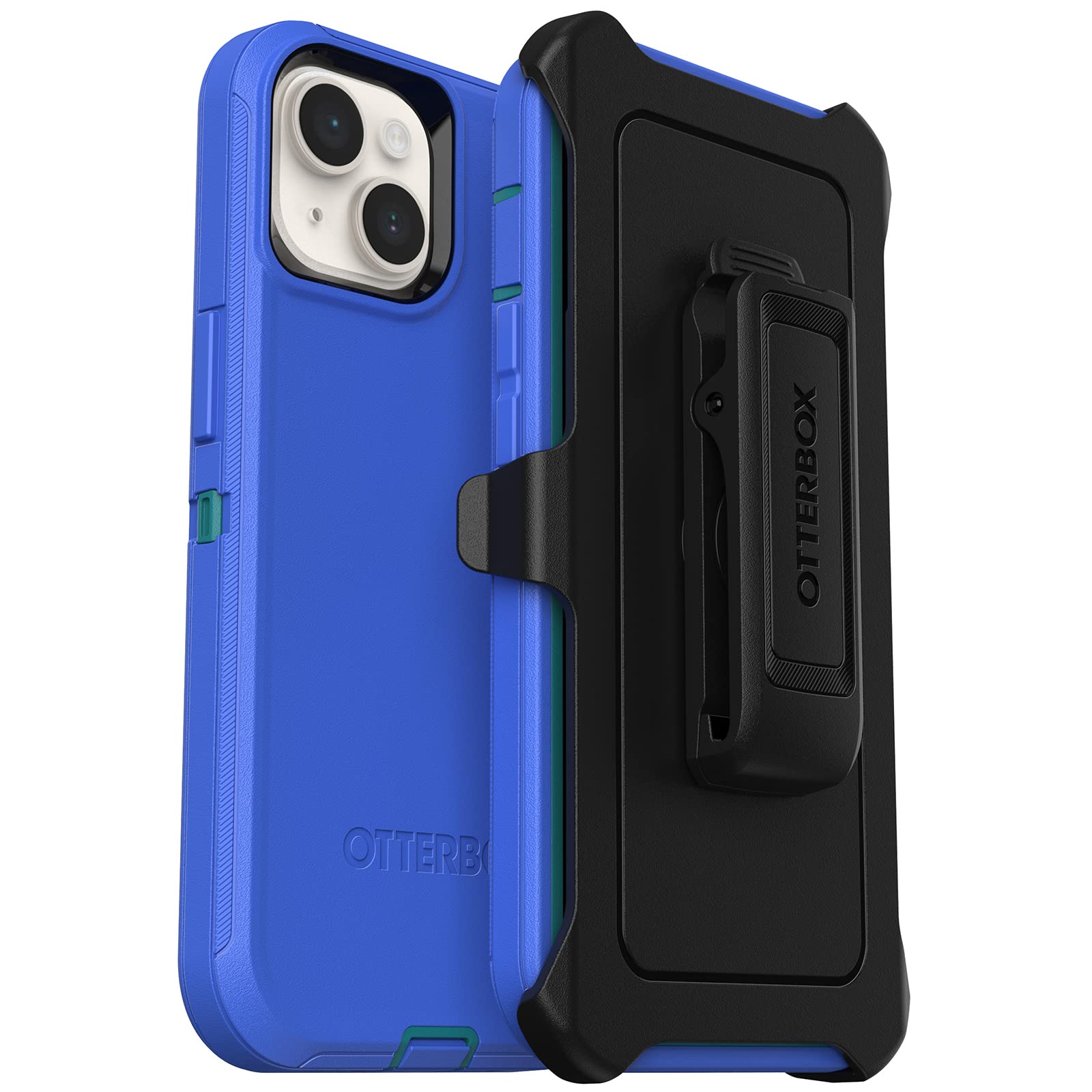 Otterbox Iphone 14 Plus Defender Series Case   Rain Check (Blue), Rugged & Durable, With Port Protection, Includes Holster Clip