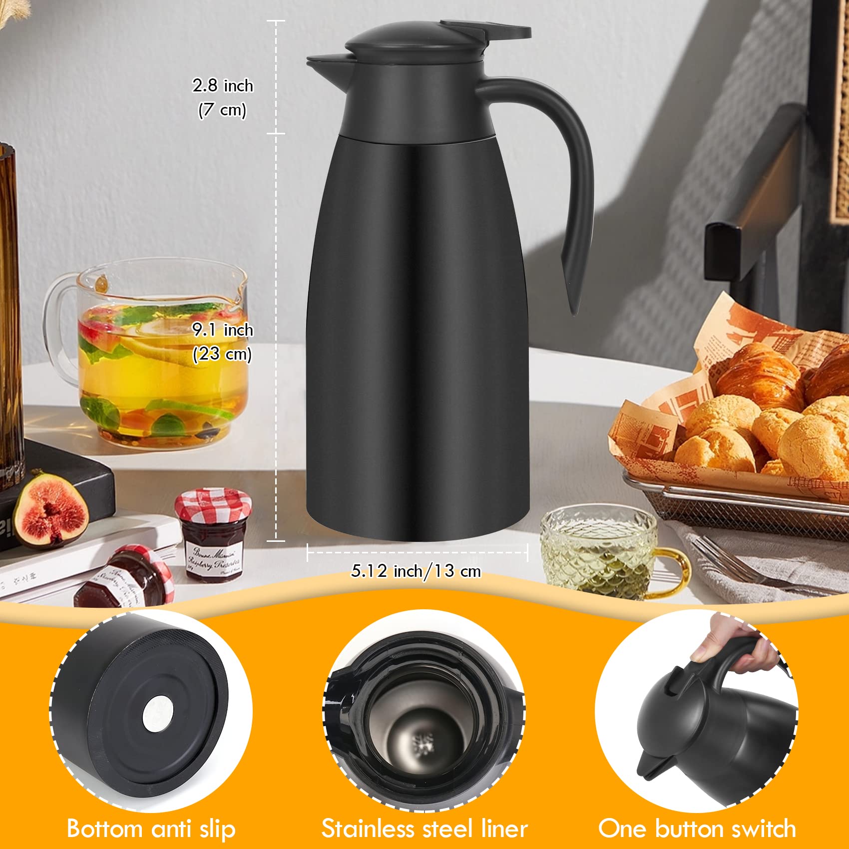 70Oz Thermal Coffee Carafe Insulated Coffee Thermos, Stainless Steel Insulated Vacuum Coffee Carafes For Keeping Hot, Double Wal