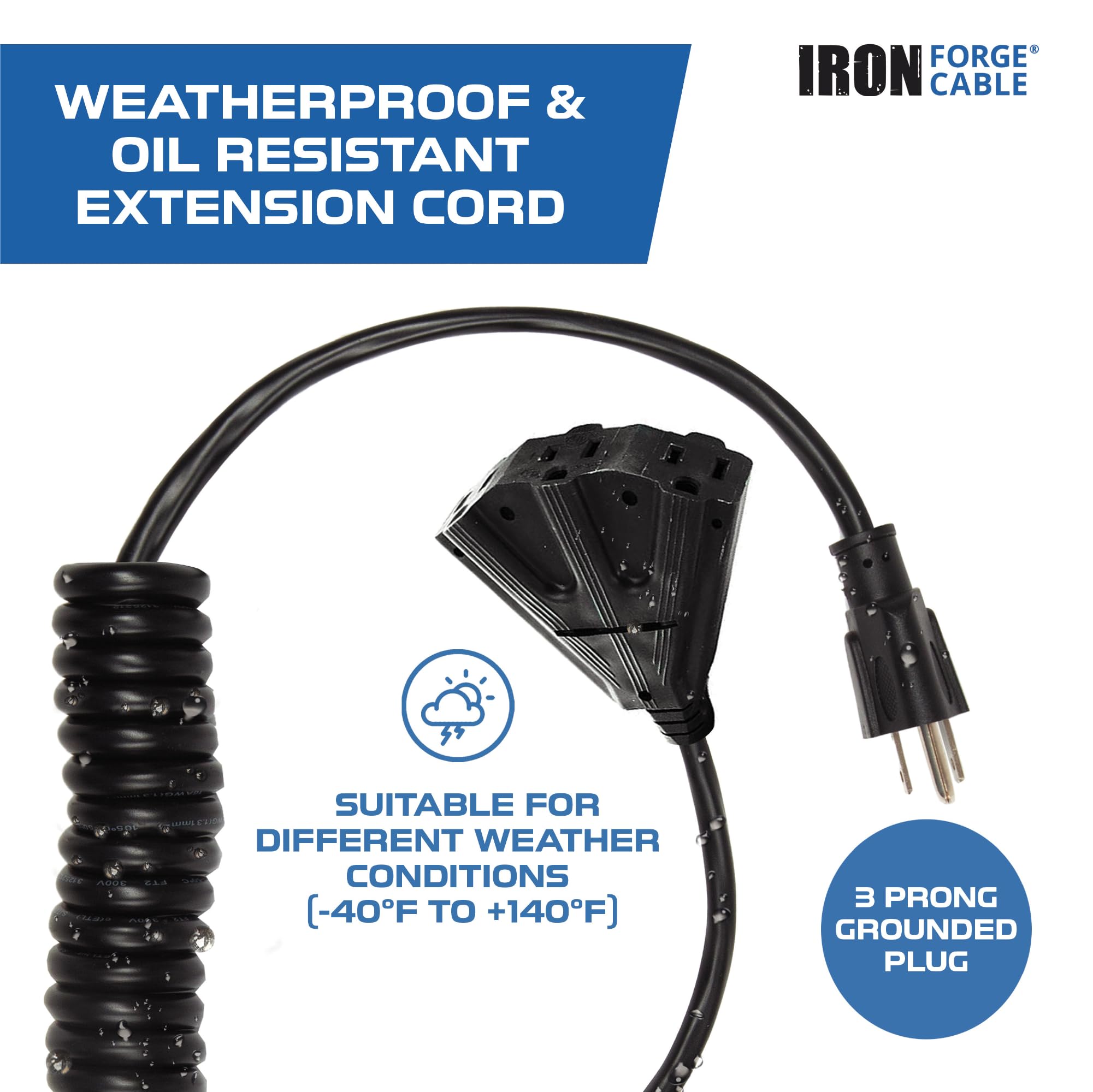 Iron Forge Cable 3 Outlet Black Outdoor Coiled Extension Cord 6 Ft, 16/3 Sjeow Oil Resistant & Flame Retardant Power Cord 13 Amp
