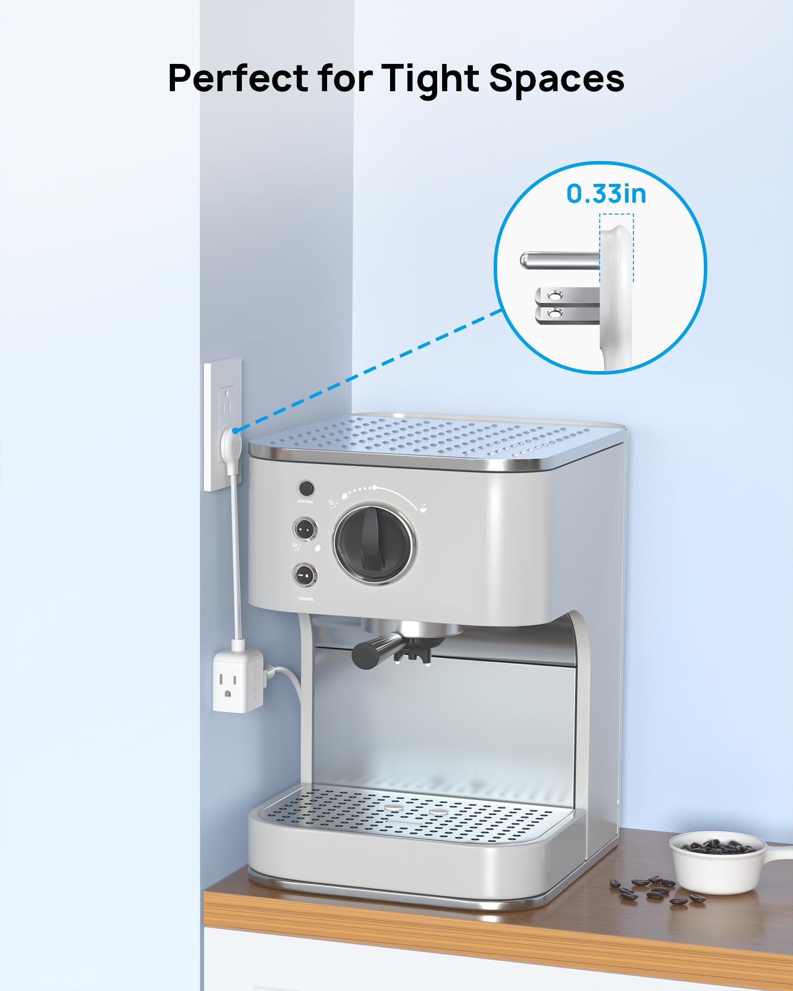 Trond Flat Outlet Extender With 6 Inch Cord For Upside Down Socket, Flat Plug Extension Outlet Splitter Adapter, Electrical 3 Wa