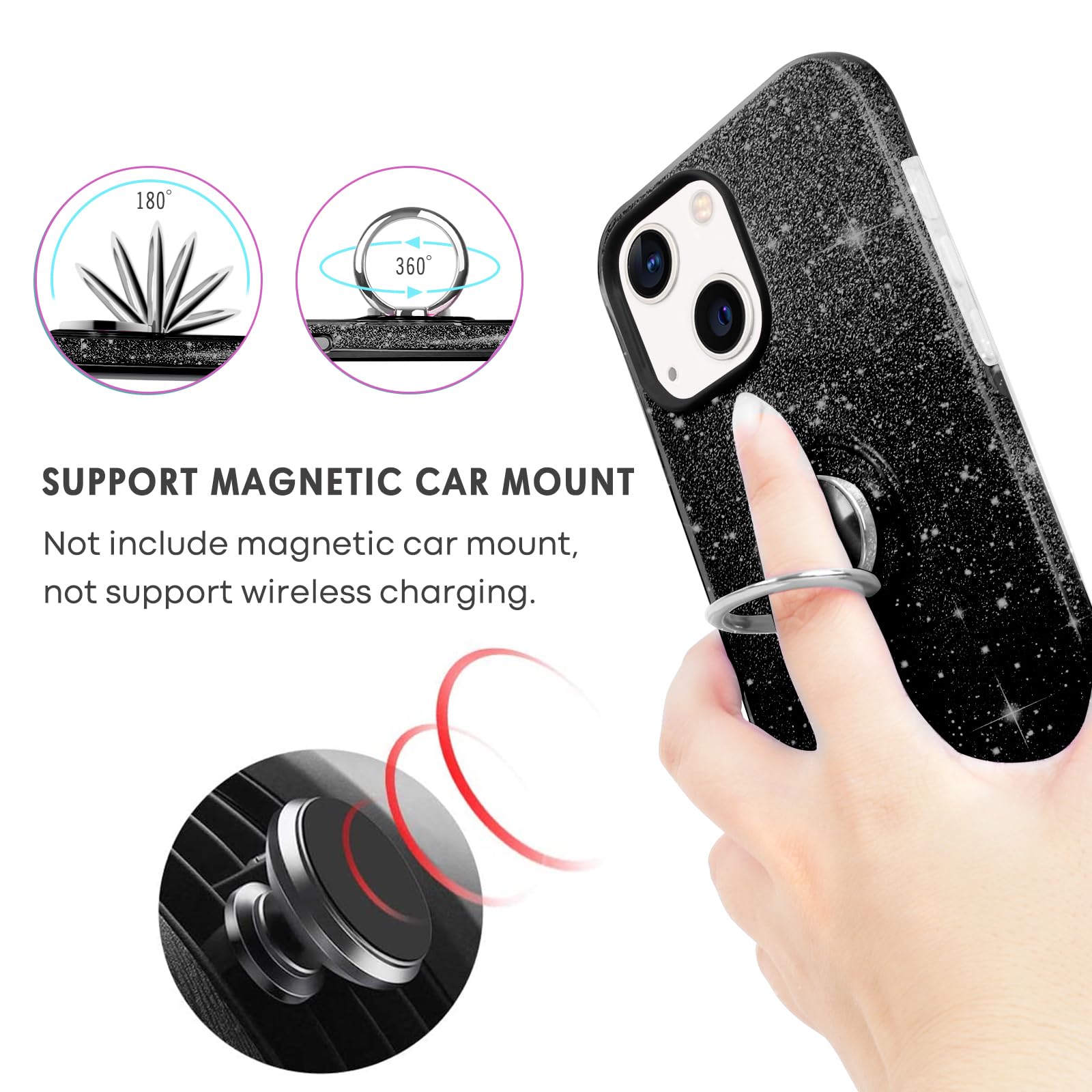 Soulips Iphone 13 Mini Case,Magnetic Car Mount Supported Slim Thin Glitter Sparkle With 360? Ring Holder Kickstand Shockproof Pr