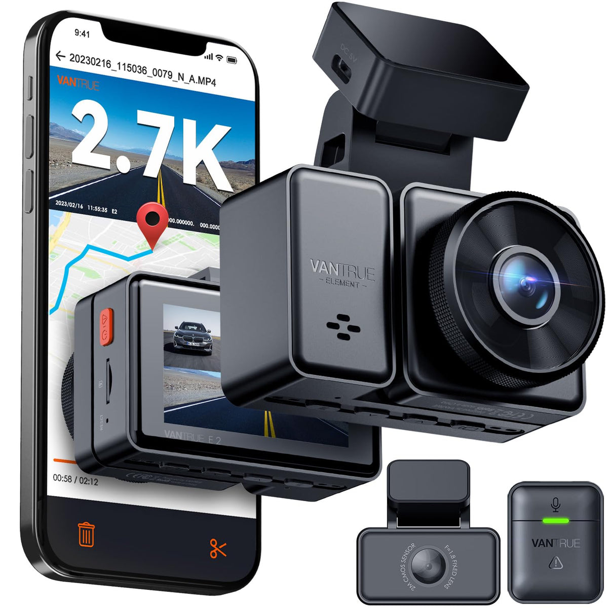 Vantrue E2 Dash Cam Front And Rear With Voice Control, 2.7K + 2.7K Dual Dash Camera For Cars, Wifi, Gps, Starvis Night Vision, B