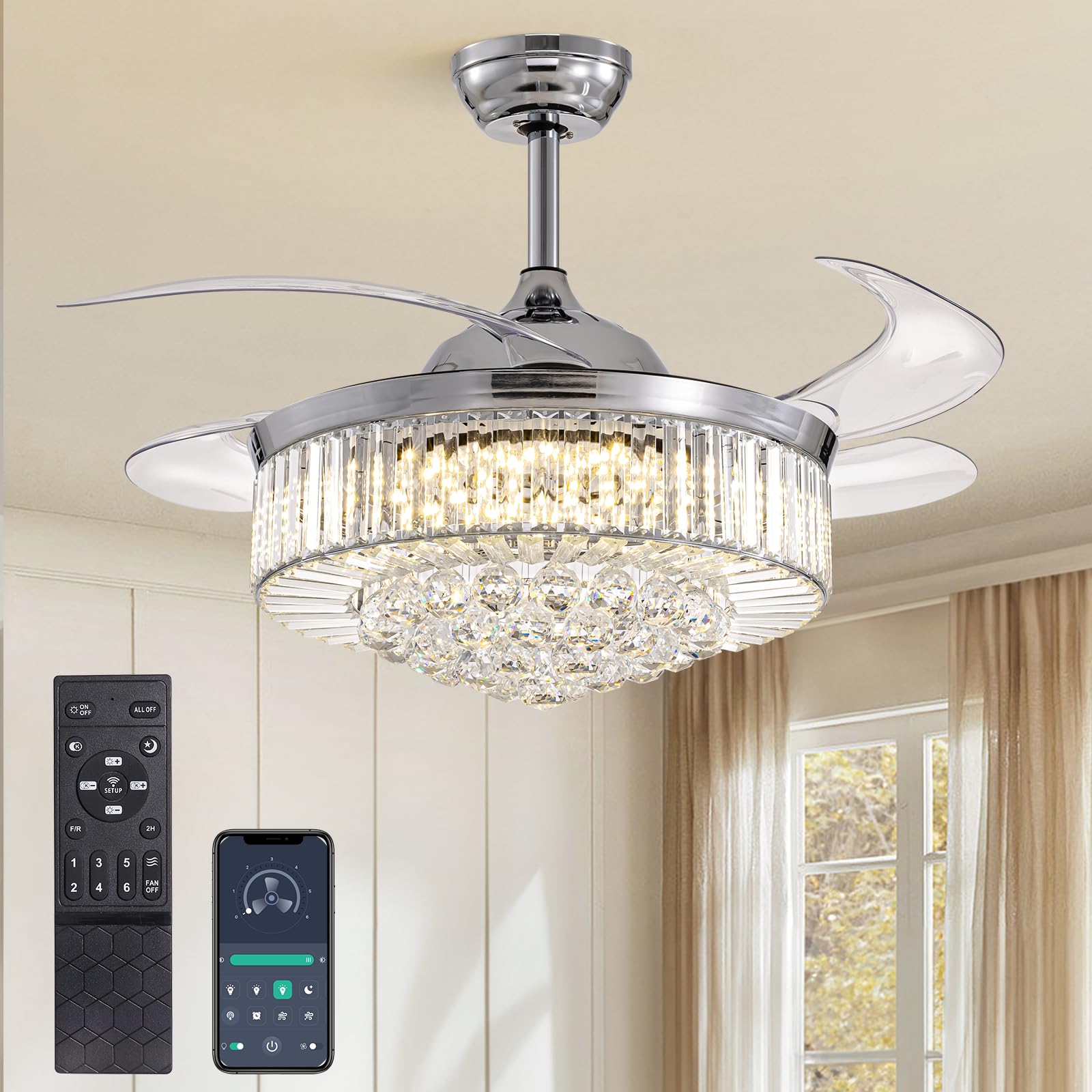 MOOONICHE Modern 42 Inches Dimmable Fandelier Crystal Retractable Ceiling Fans with Light and Remote, Invisible LED Crystal Chan