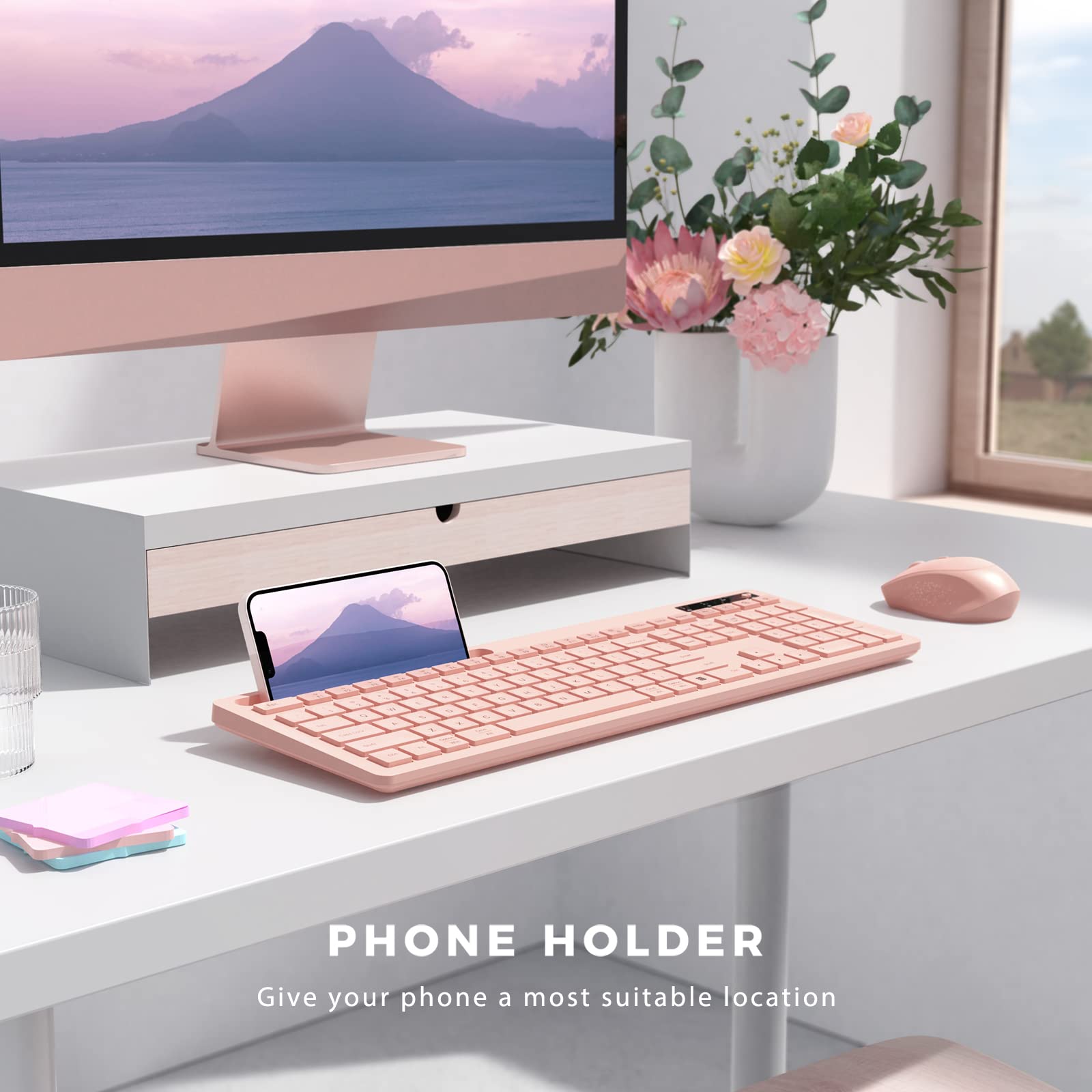 VIVEFOX Wireless Keyboard and Mouse Set, Pink, USB A & Type C, with Phone Holder for MacBook and Windows