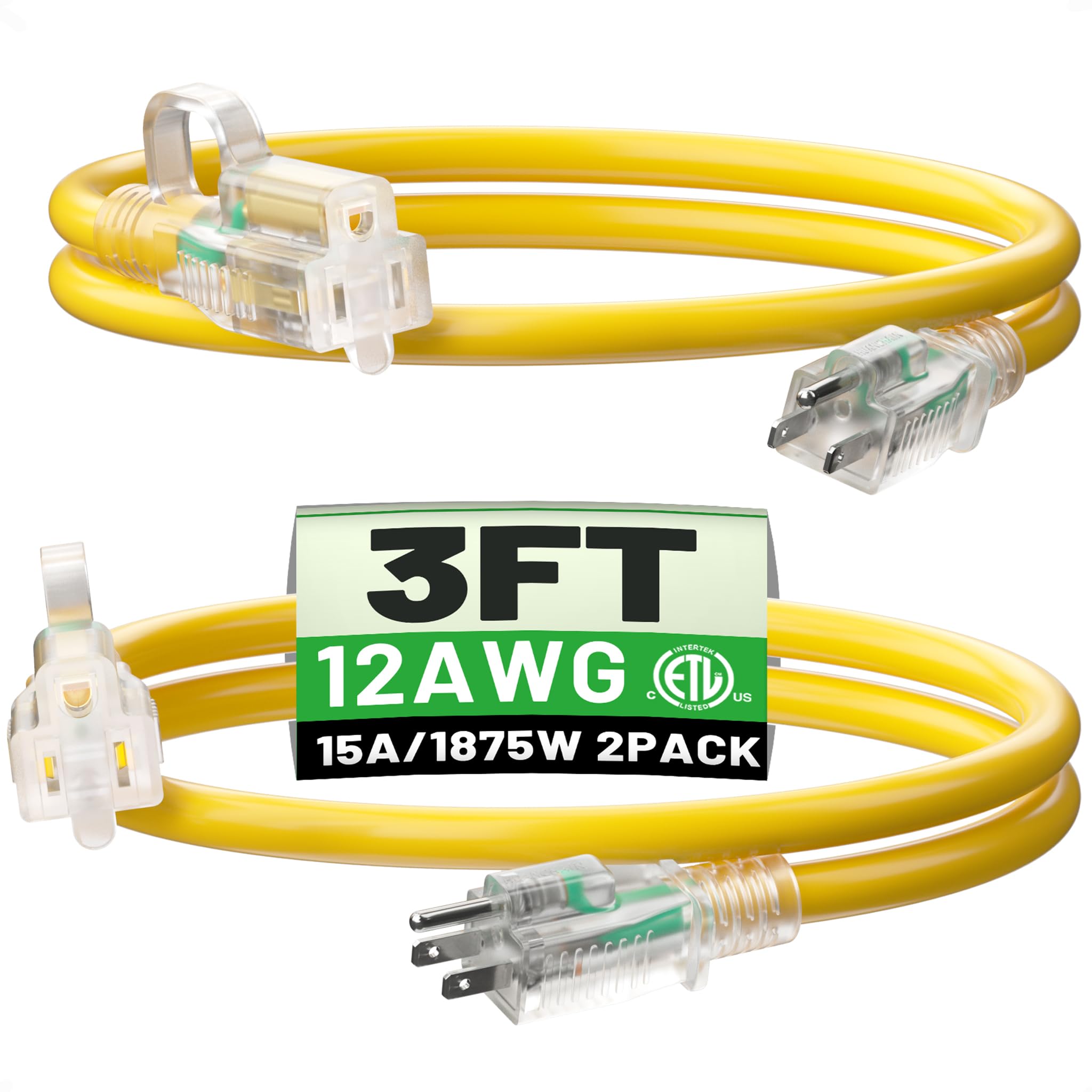 Powgrn 2 Pack 3 Ft 12/3 Outdoor Extension Cord Waterproof Heavy Duty With Lighted Indicator End 12 Gauge 3 Prong, Flexible Cold 