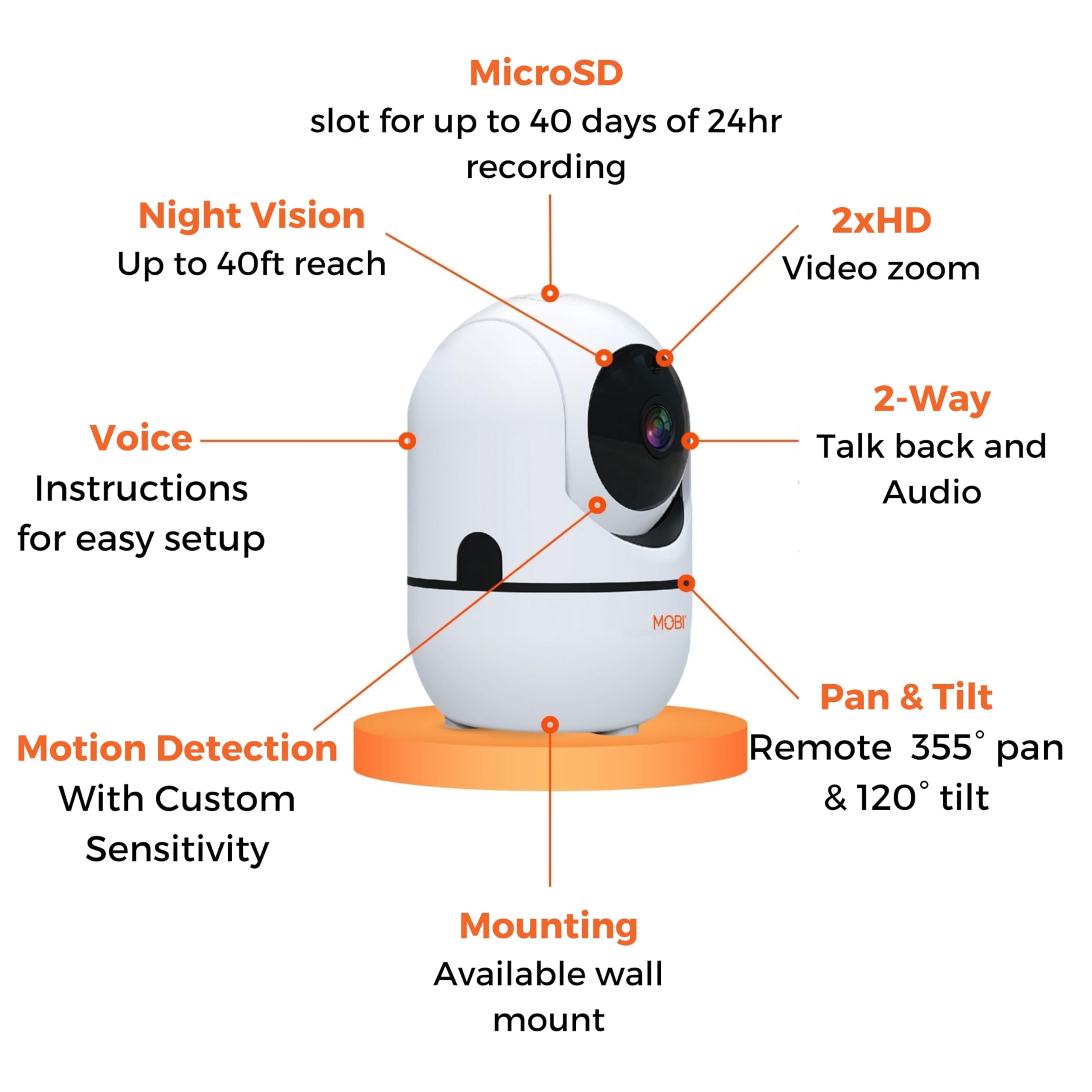 Mobicam Hdx Wi Fi Pan & Tilt Smart Nursery, Elderly & Home Monitoring Camera, 1080P Hd Indoor Security Night Vision Ip Camera, M