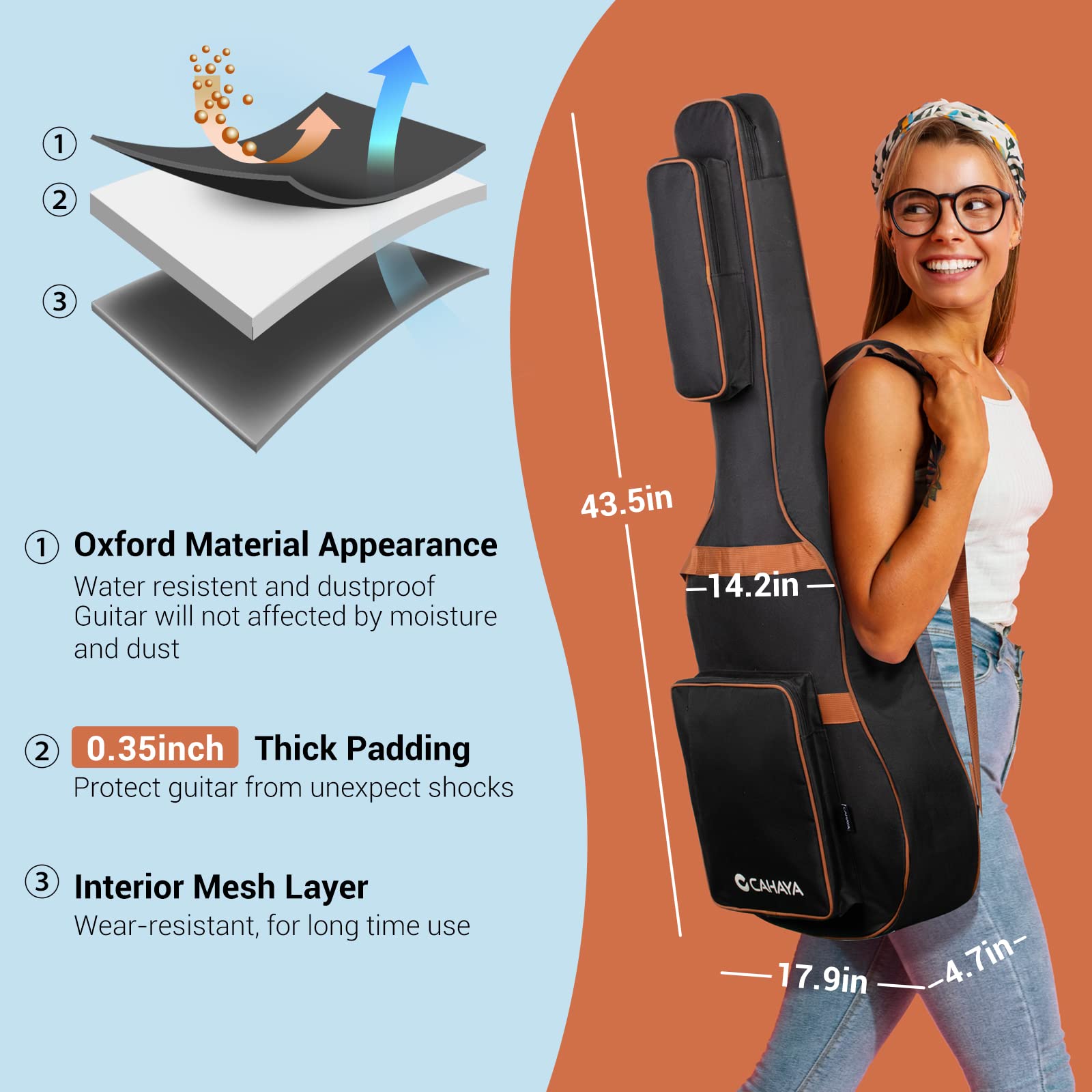 Cahaya Guitar Gig Bag Acoustic Guitar Bag Padded Soft Guitar Cases Cover Compatible With 40 41 42 Inch Guitars Cy0294