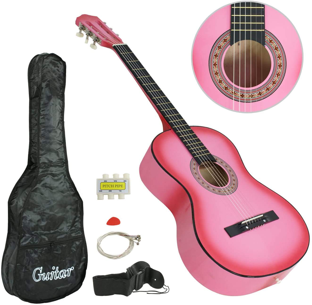 Smartxchoices 38'' Acoustic Guitar Bundle With Gig Bag Strap Pitch Pipe Extra Strings Set Pick Pink 6 String For Beginners Start