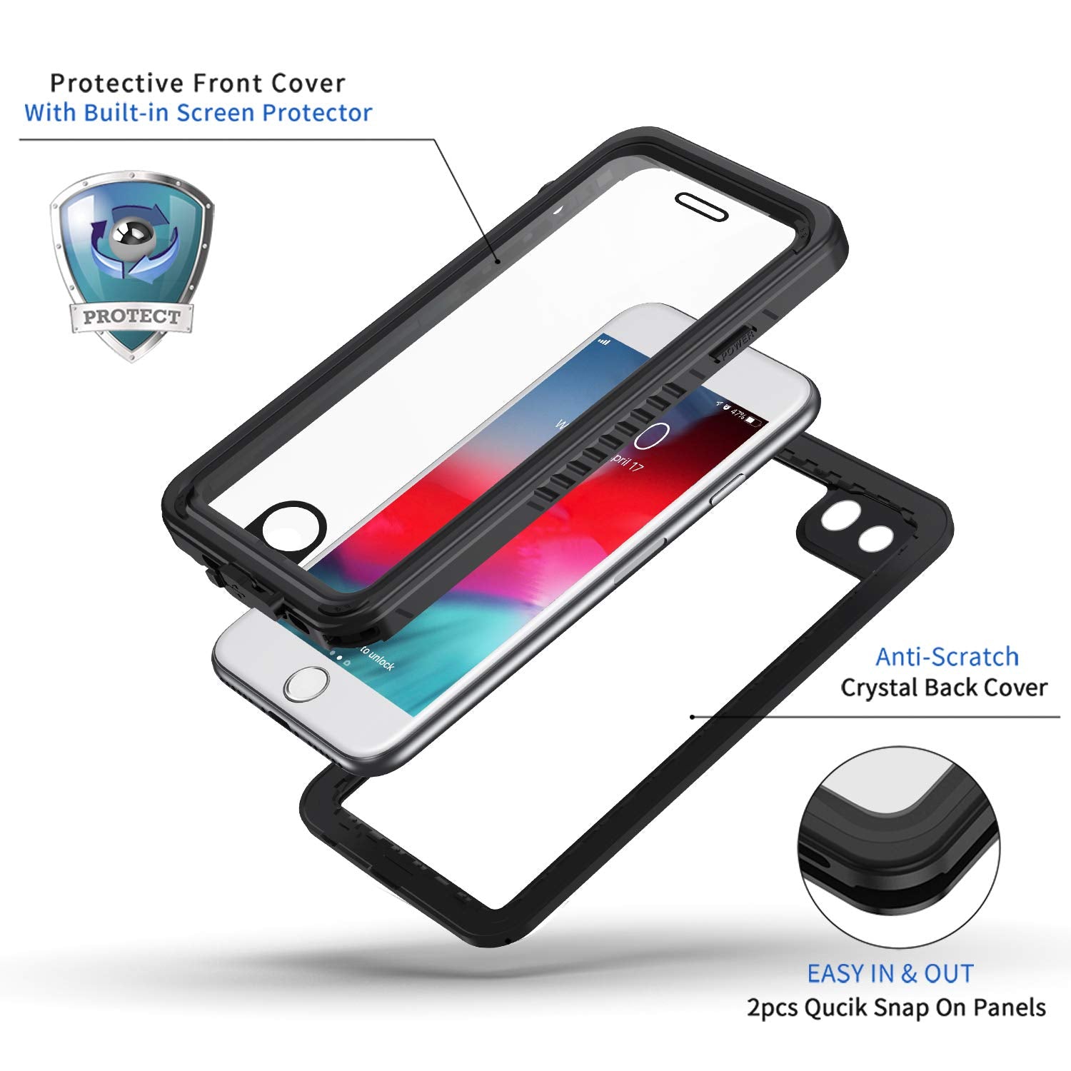 Lanhiem For Iphone 8 Plus Case, For Iphone 7 Plus Case, Ip68 Waterproof Dustproof Case With Built-In Screen Protector, Full Body