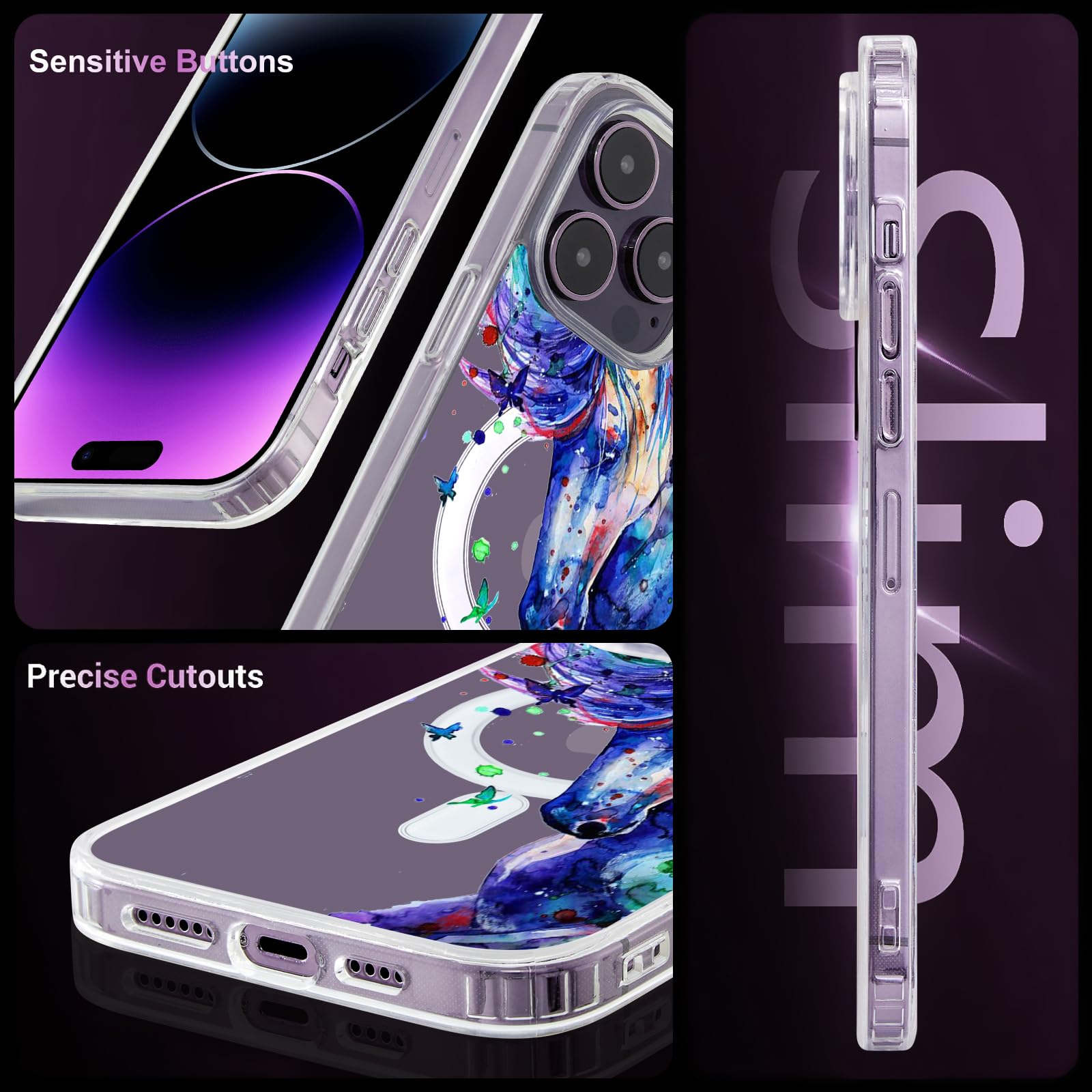 Roemary Purple Horse Case For Iphone 13 With Magsafe Design,Magnetic Wireless Charging Clear Transparent Tpu Phone Case Cover Fo