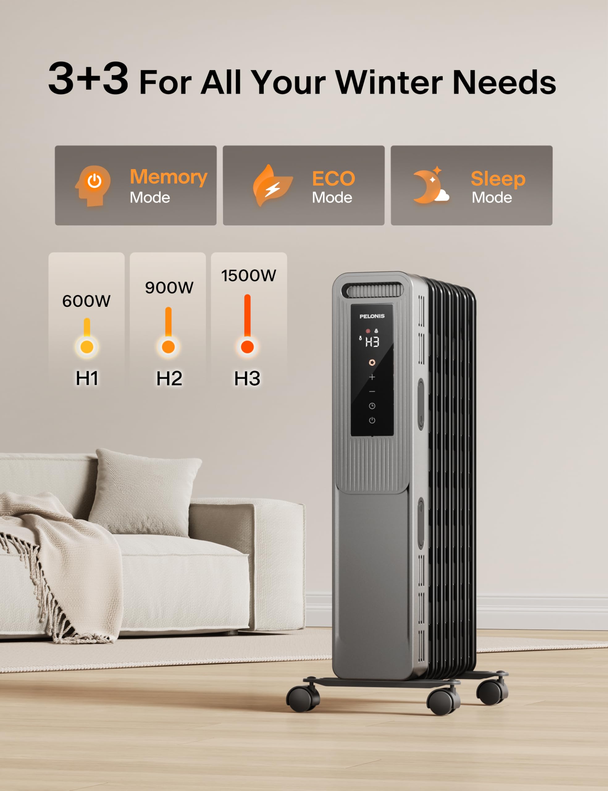 Pelonis Oil Filled Radiator, Electric Space Heater For Indoor Use Large Room With Thermostat & Remote, 3 Modes & 3 Heat Settings