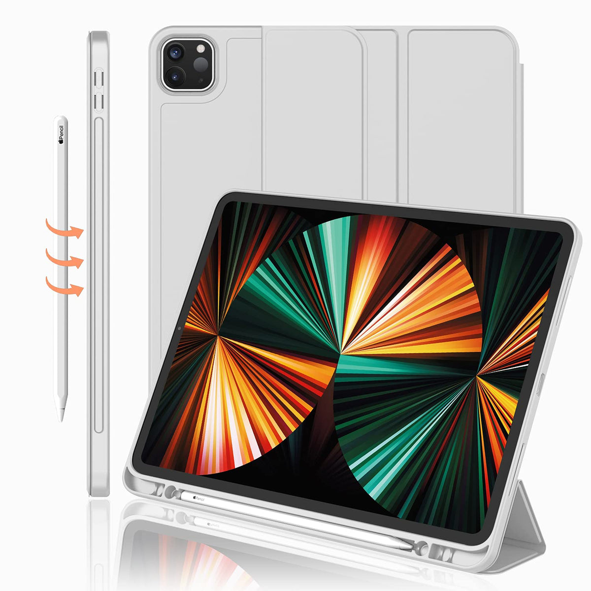 Imieet New Ipad Pro 12.9 Case 2022(6Th Gen)/2021(5Th Gen) With Pencil Holder [Support Ipad 2Nd Pencil Charging/Pair],Trifold Stand Smart Case With Soft Tpu Back,Auto Wake/Sleep(Light Gray)