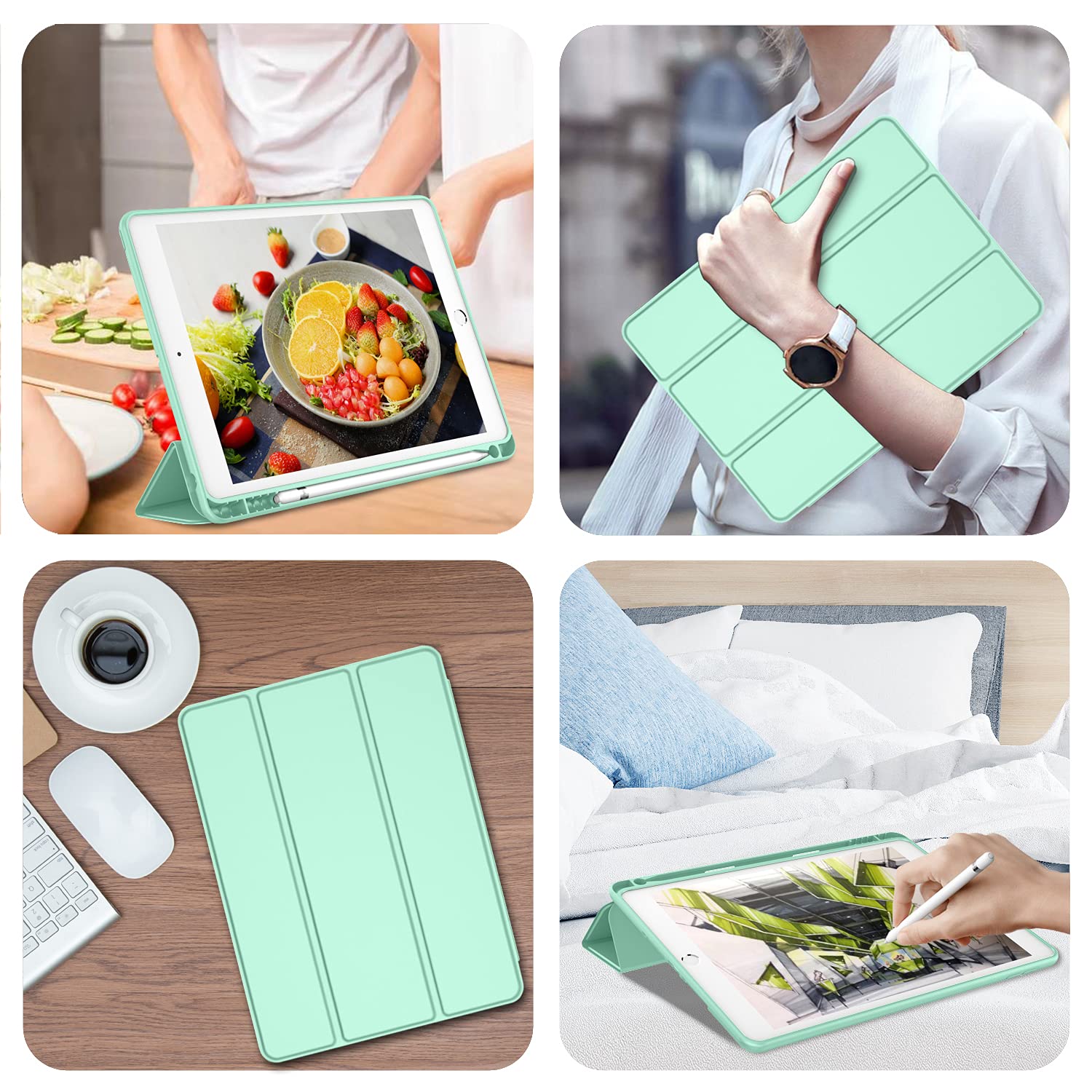 Imieet Ipad 9Th Generation Case 2021/Ipad 8Th Generation Case 2020 10.2 Inch With Pencil Holder, Ipad 7Th Gen 2019 Case With Soft Baby Skin Silicone Back, Auto Wake/Sleep Cover(Light Green)