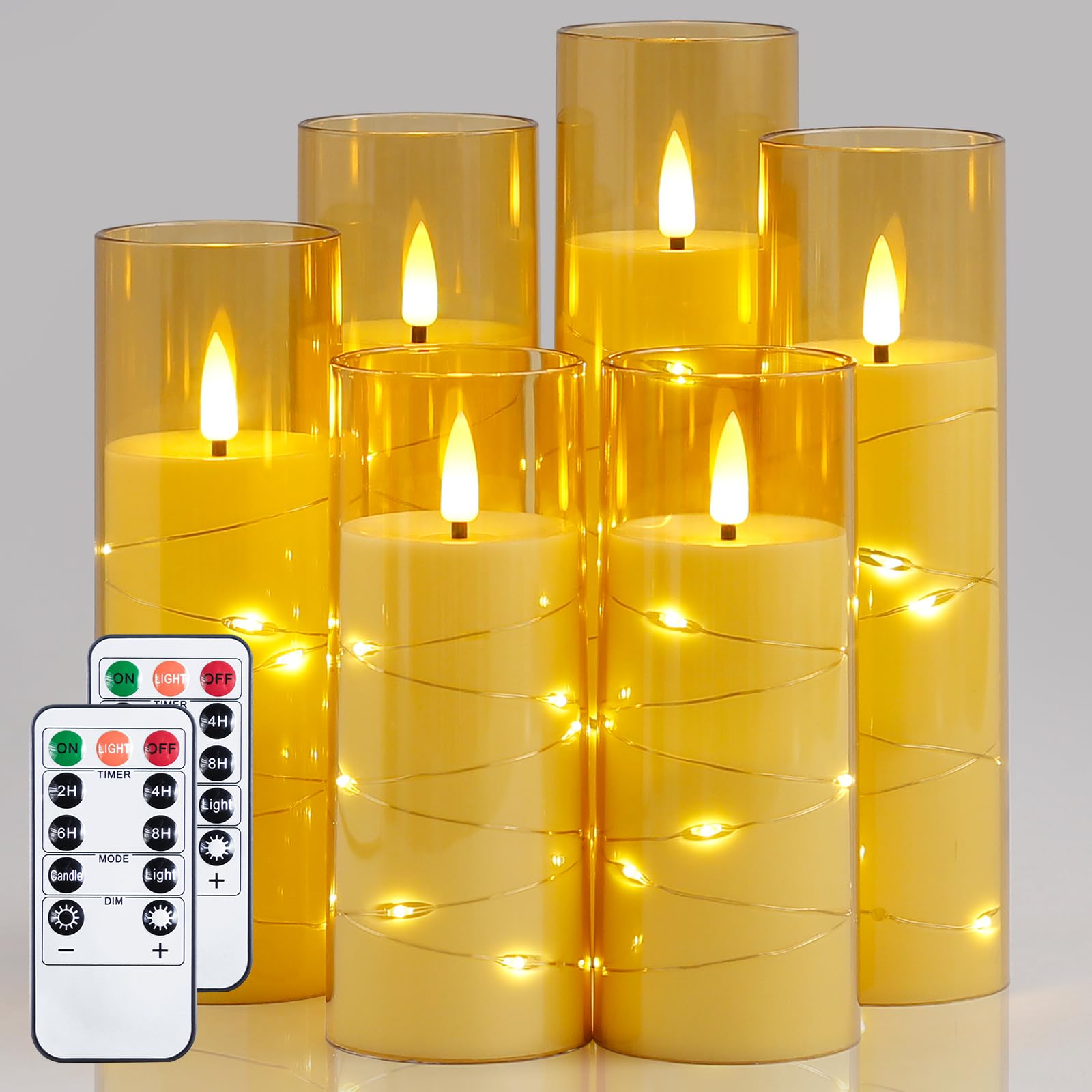 Yeelida Gold Flameless Candles With Remote And String Light, 2.2''X 5'',5'',6'',7'',7'',8'' Led Battery Operated Plastic Flicker