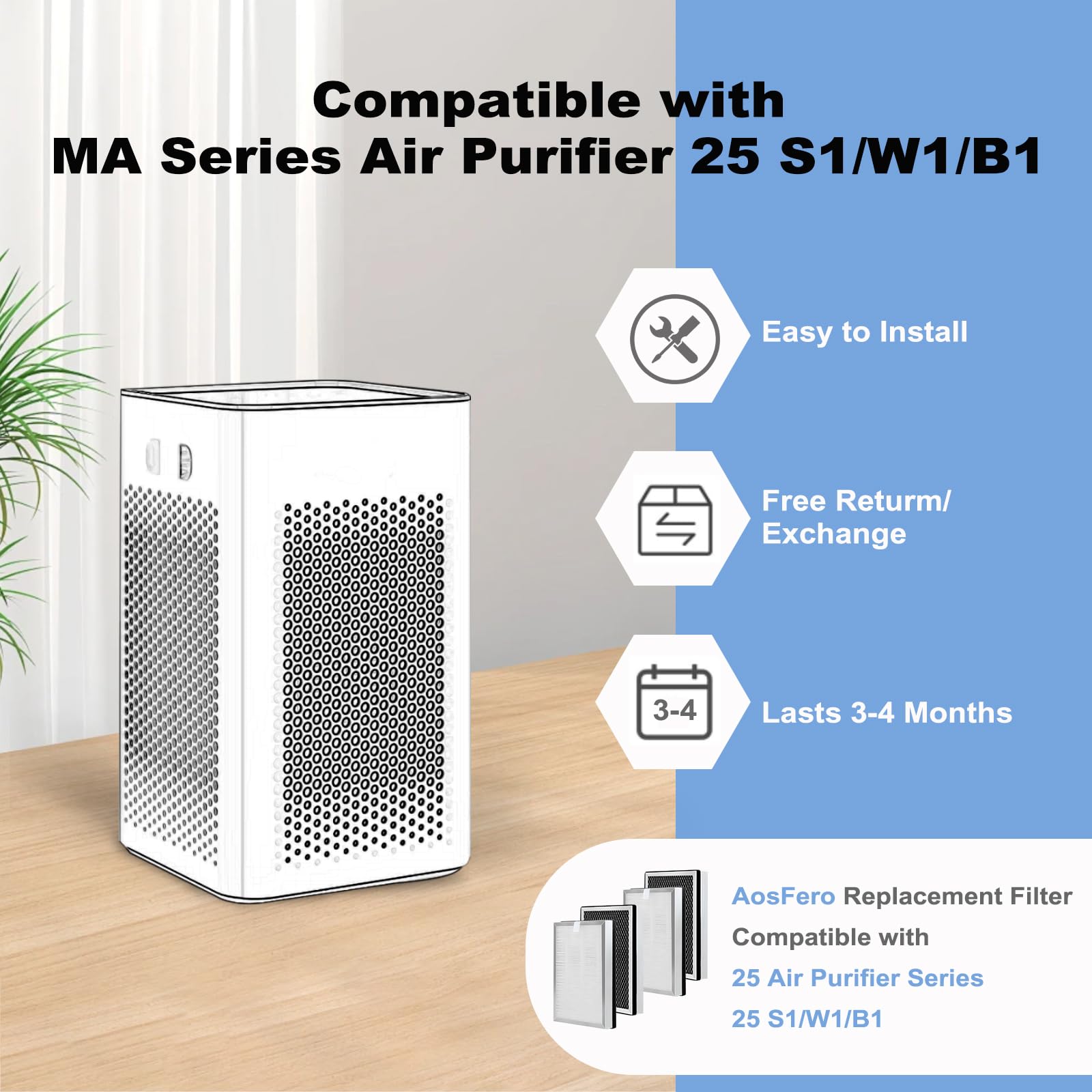 25 Replacement Filter Compatible With Ma Series Air Purifier 25 S1/W1/B1,3 In 1 Stage With Pre Filter,H13 True Hepa,And Activate