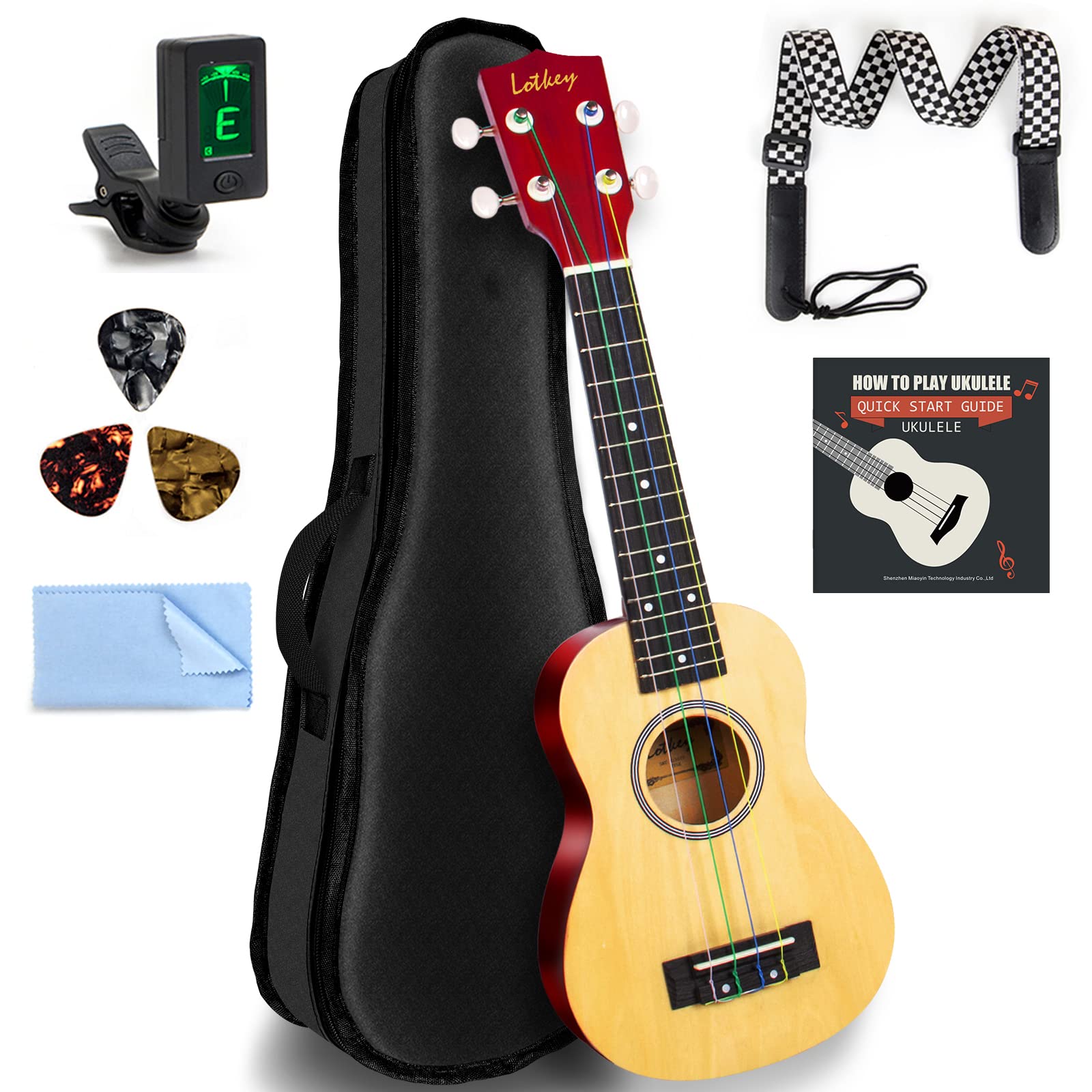 Ukulele, Soprano 21 Inch Ukelele Lotkey Ukeleles For Beginners Rainbow String Kit (Ukalalee Strap Cloth Tuner Bag Picks Manual) 