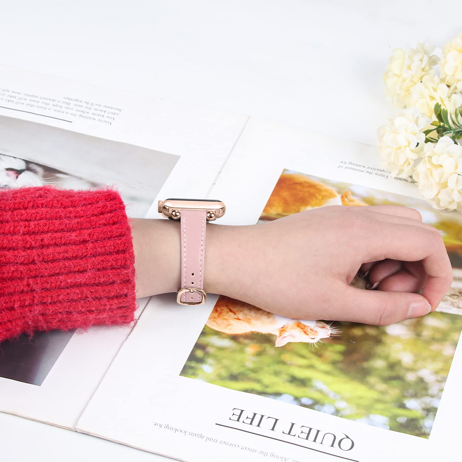 Joyozy Slim Leather Band For Women Compatible With Apple Watch 49Mm 45Mm 44Mm 42Mm 41Mm 40Mm 38Mm, Cute Fancy Top Genuine Leathe