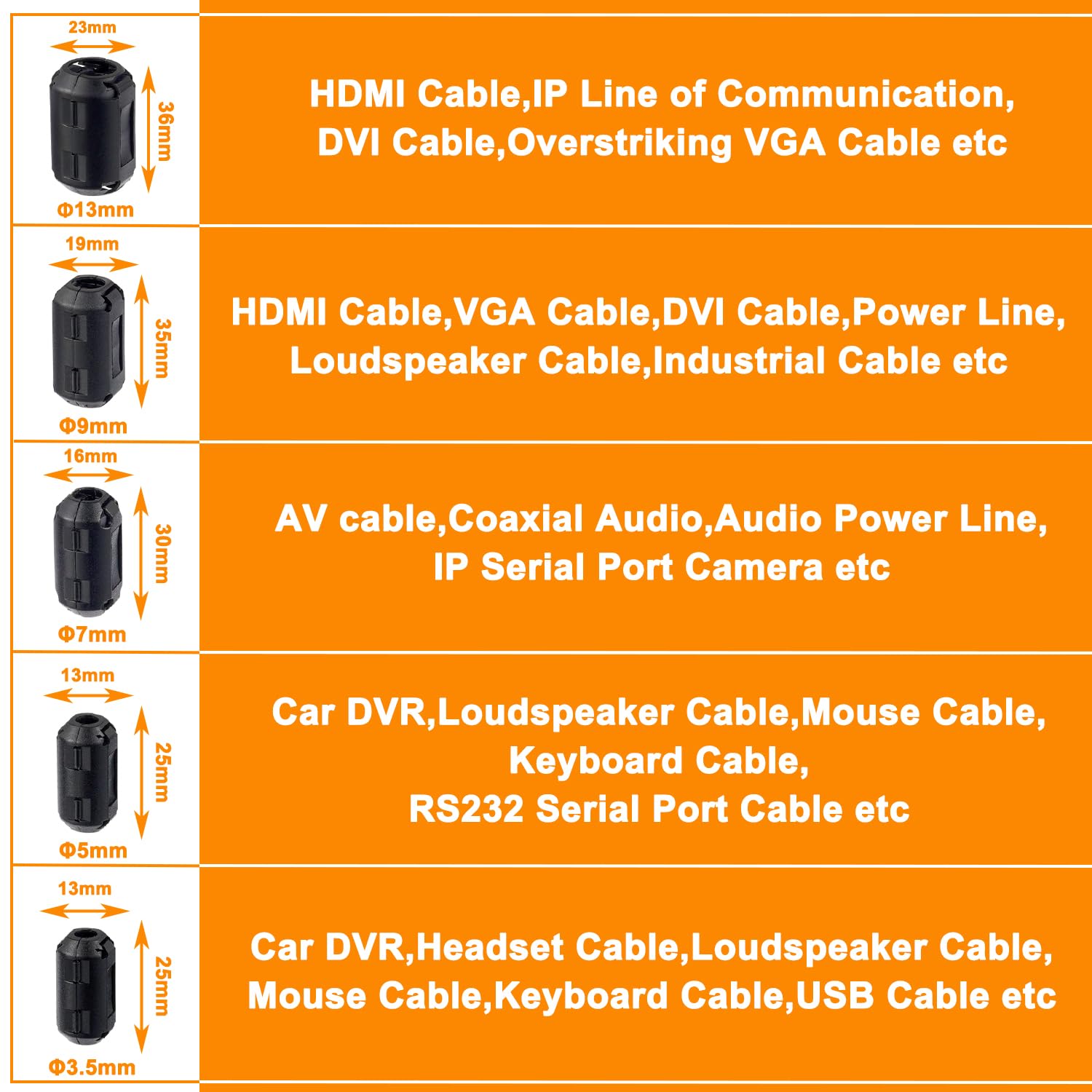 Huarew 60 Pcs Black Clip On Ferrite Ring Core Rfi Emi Noise Suppressor Cable Clip For 3 Mm 5Mm 7Mm 9Mm 13Mm Diameter Cable