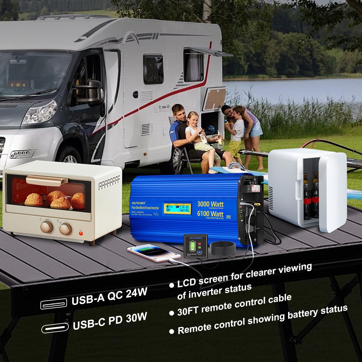 3000 Watt Pure Sine Wave Power Inverter 3000W 12V To 110V 120V Ac, 6000W Surge Peak Power For 2 Seconds, Ul Fuses, Compatible Wi