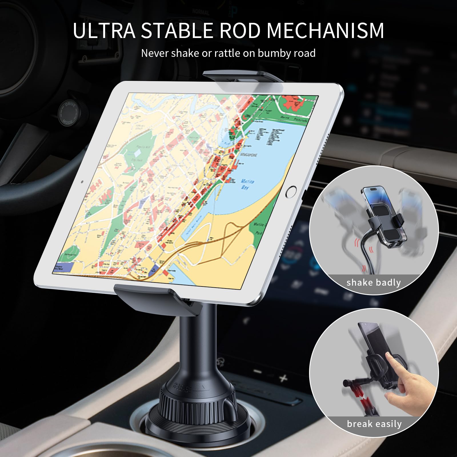 Apps2Car Tablet Holder For Car, Car Tablet Mount With Adjustable Clamp (Up To 8.3'), 10.57' Height Adjustable Ipad Holder For 4.3' 11' Cell Phones & Tablets, Perfect Travel Companion