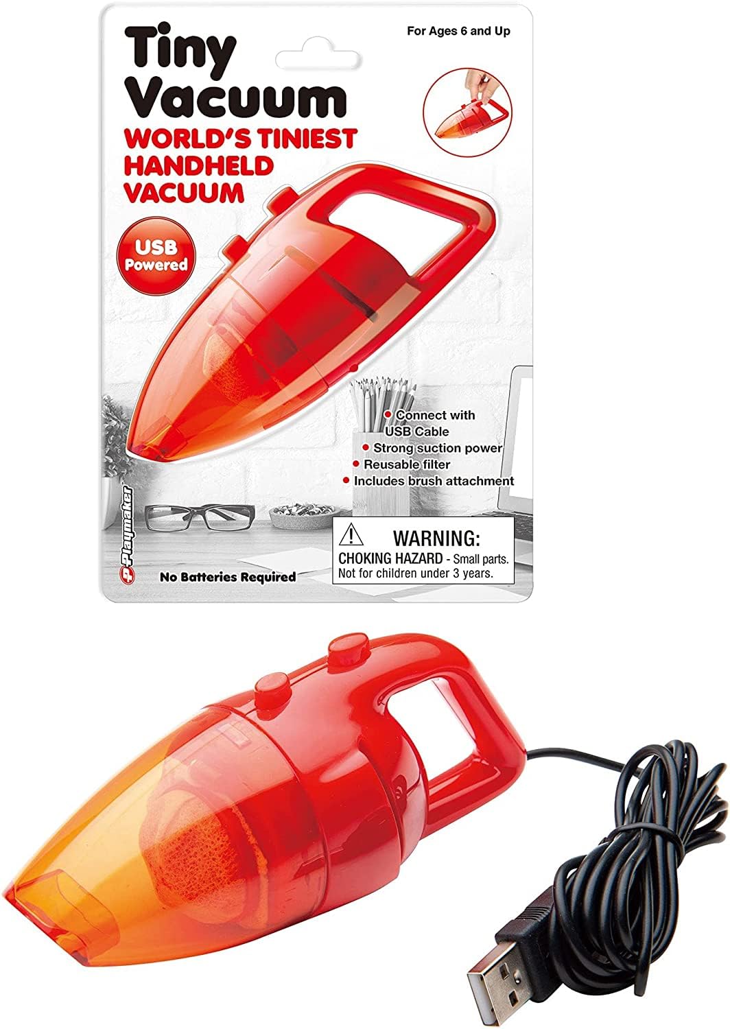 Playmaker Toys World'S Tiniest Vacuum, Usb Powered, Strong Suction, Brush Attachment, 3.7V, For Home And Office