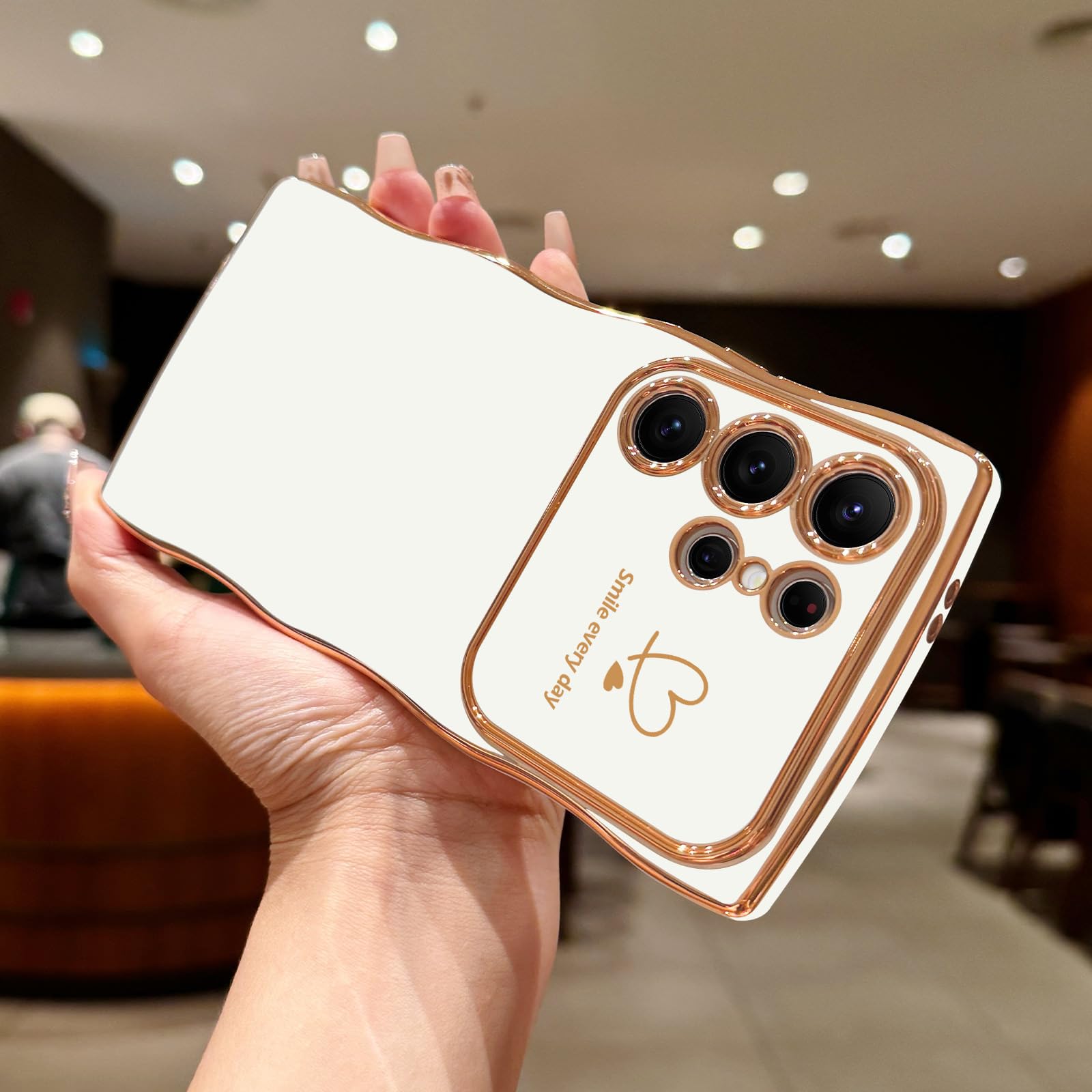 Lchulle For Samsung Galaxy S22 Ultra Case For Women Girls, Cute Wave Frame Curly Shape With Love Heart Raised Camera Protection