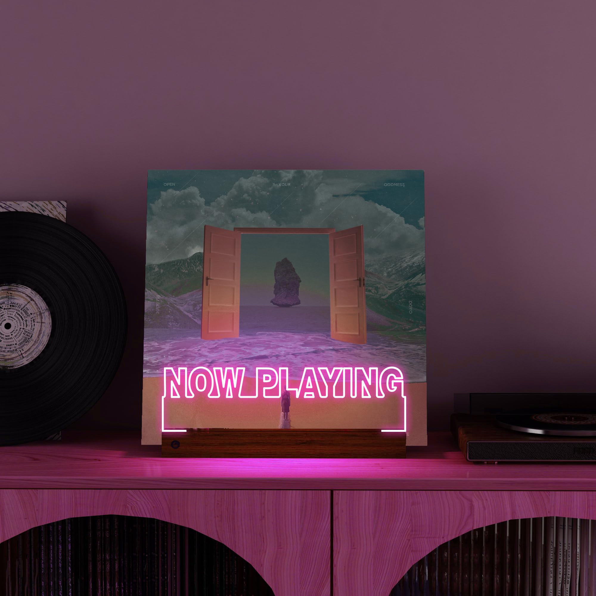 Yuandian Light Up Now Playing Vinyl Record Stand, Wooden Acrylic Holder For Vinyl Album Display And Storage, Vinyl Illuminated L