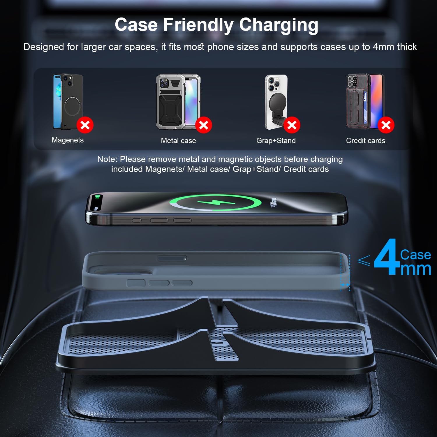 Wireless Car Charger Pad, Reestecqi Large Wireless Charging Pad For Car Non Slip Car Phone Holder Wireless Charger Compatible Wi