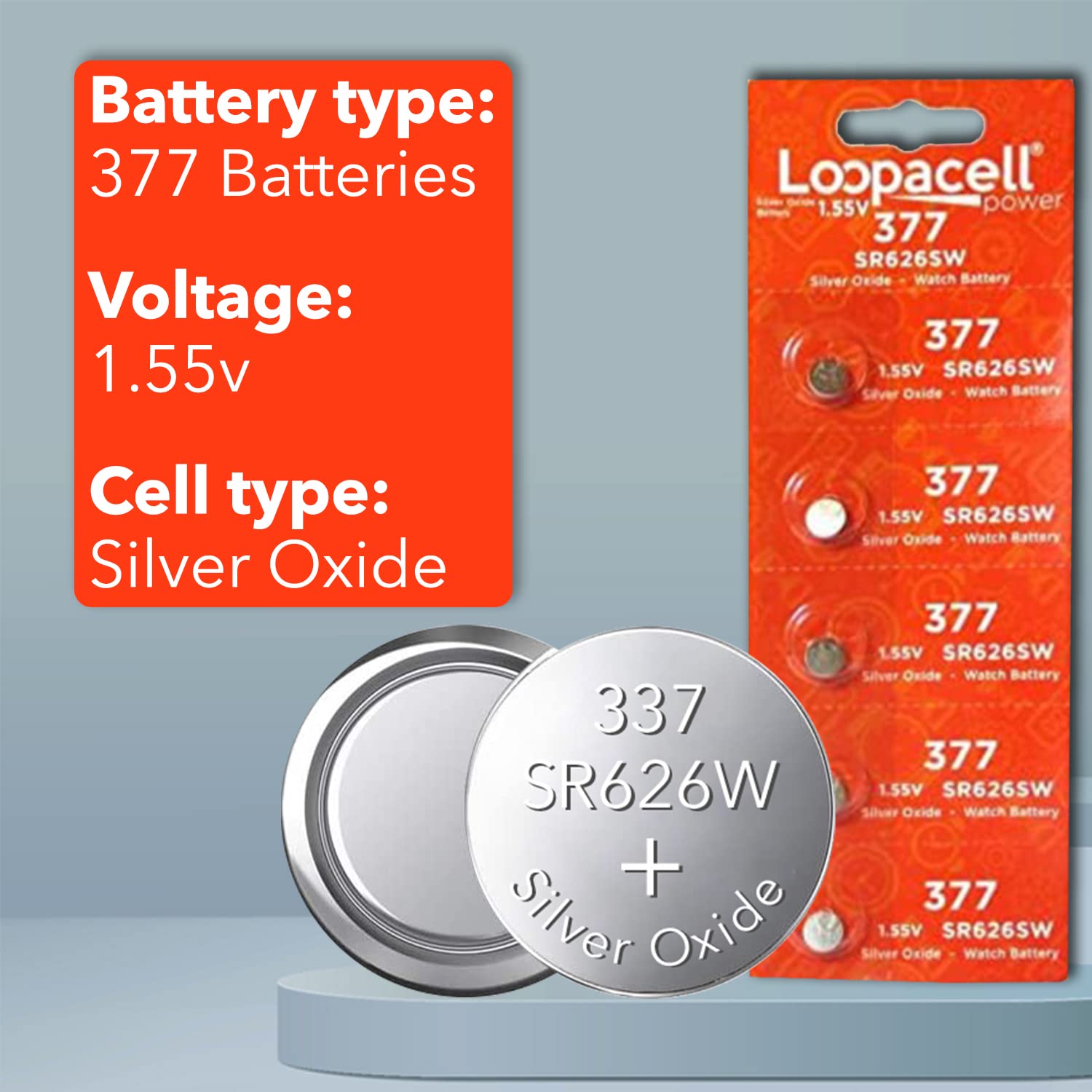 Loopacell 377/376 / Sr626W / Sr626Sw / Silver Oxide Watch Batteries (Pack Of 5)   1.55V Long Lasting Coin Cell Battery For Watch