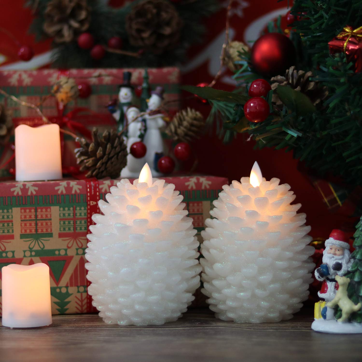 Eldnacele Led Pine Cone Candles With Remote Timer, Battery Operated Flameless Candles Unscented Wax Pinecone Candles White 2 Pac