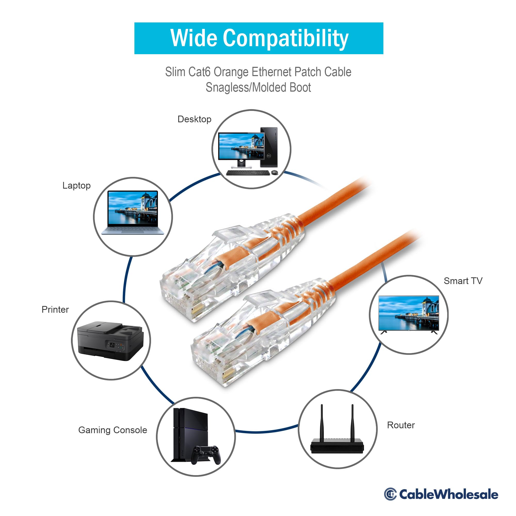 CableWholesale Cat6 Slim Ethernet Patch Cable, 28AWG, ETL Approved, RJ45 Gold Plate Connector Snagless/Boot Unshielded Twisted Pair (UTP), Internet Network Patch Cable, Orange, 2 Foot