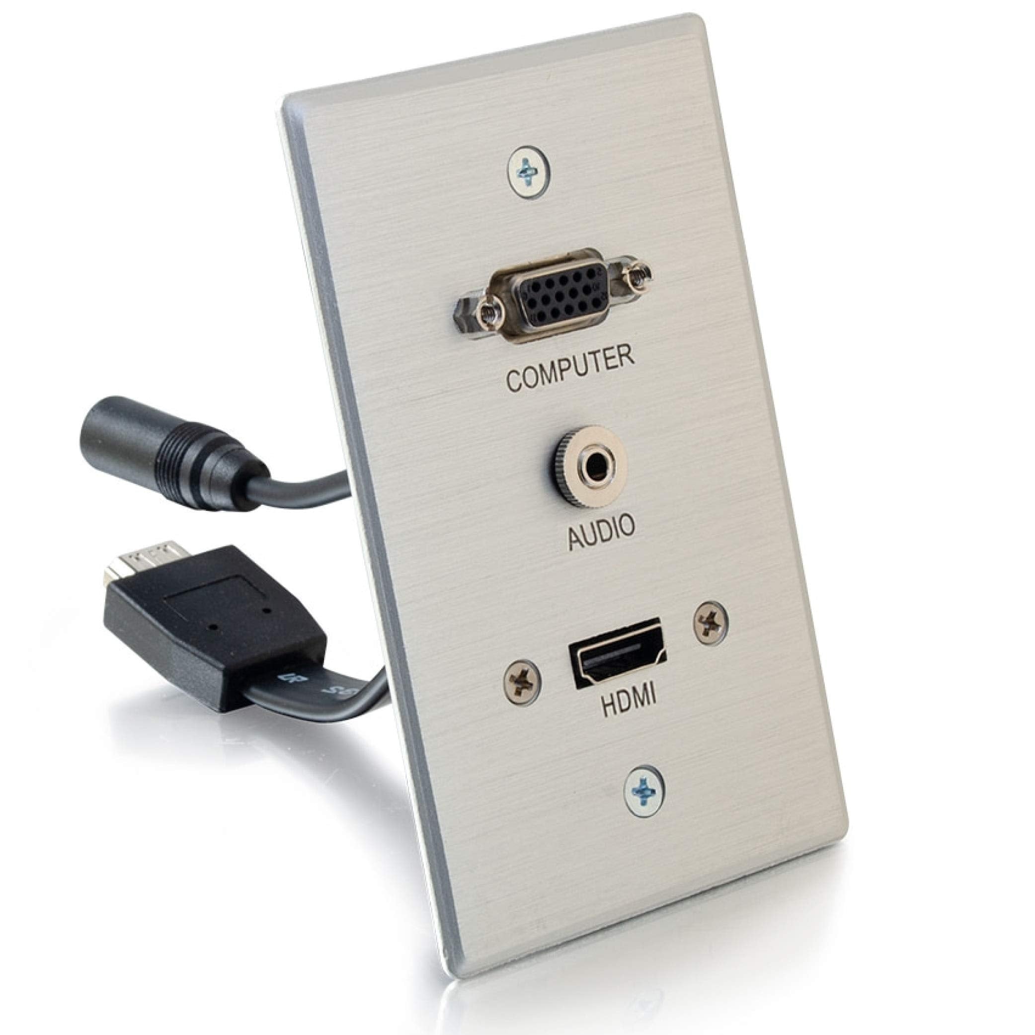 C2G Wall Pass Through For Hdmi, Vga, & 3.5Mm Aux Cables   Single Gang Wall Plate Includes Flexible Hdmi & Aux Pigtail   Brushed