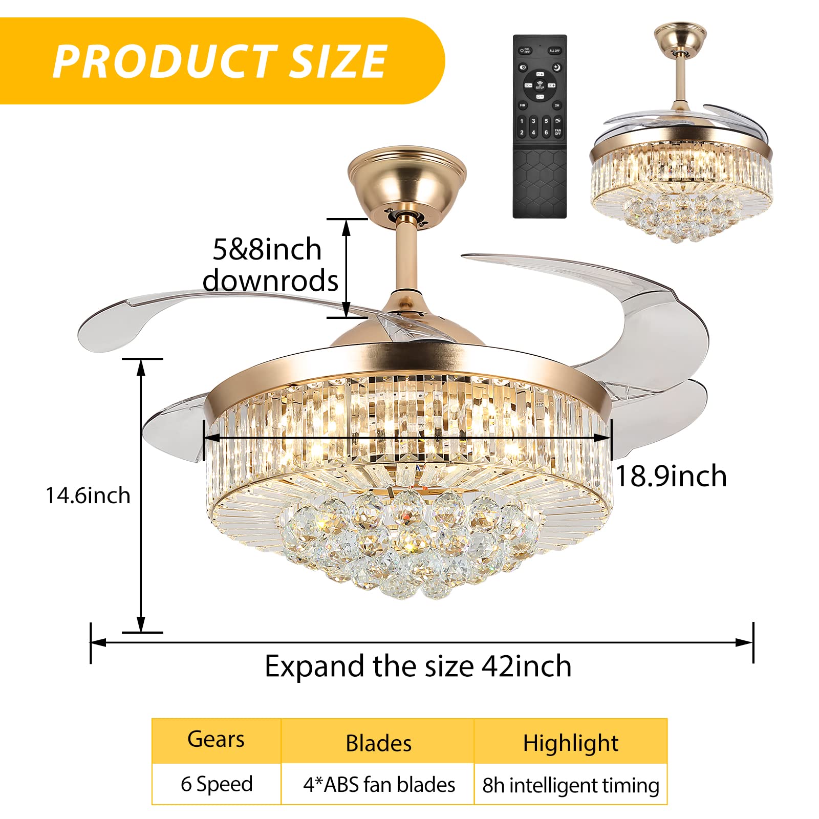 Wwahuayuan 42'' Ceiling Fans With Lights,Reversible Modern Crystal Ceiling Fans Light With Remote Control,3 Color Changeable, 3